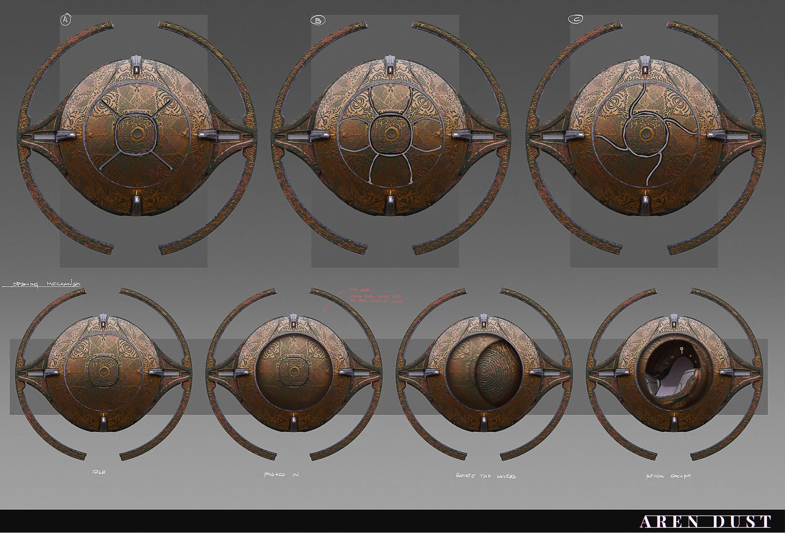 Design variations and explorations of a metallic, intricately designed, round spaceship front with various layers and parts, labeled with steps for opening, pushing, rotating, and revealing the cockpit, concept art for Aren Dust