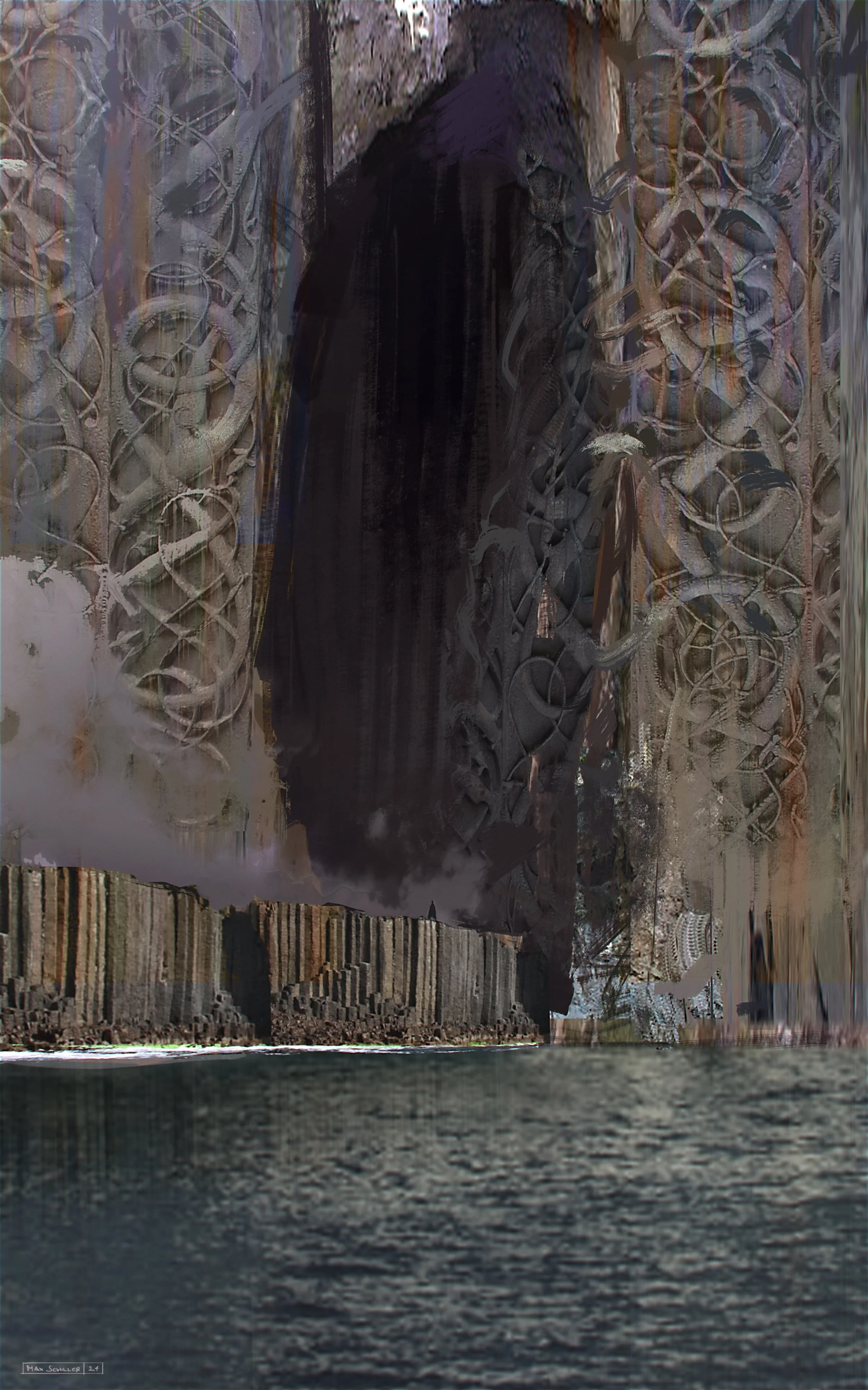 a gigantic ornmaneted entrance into a mountain at the ground of the shore, concept art for King