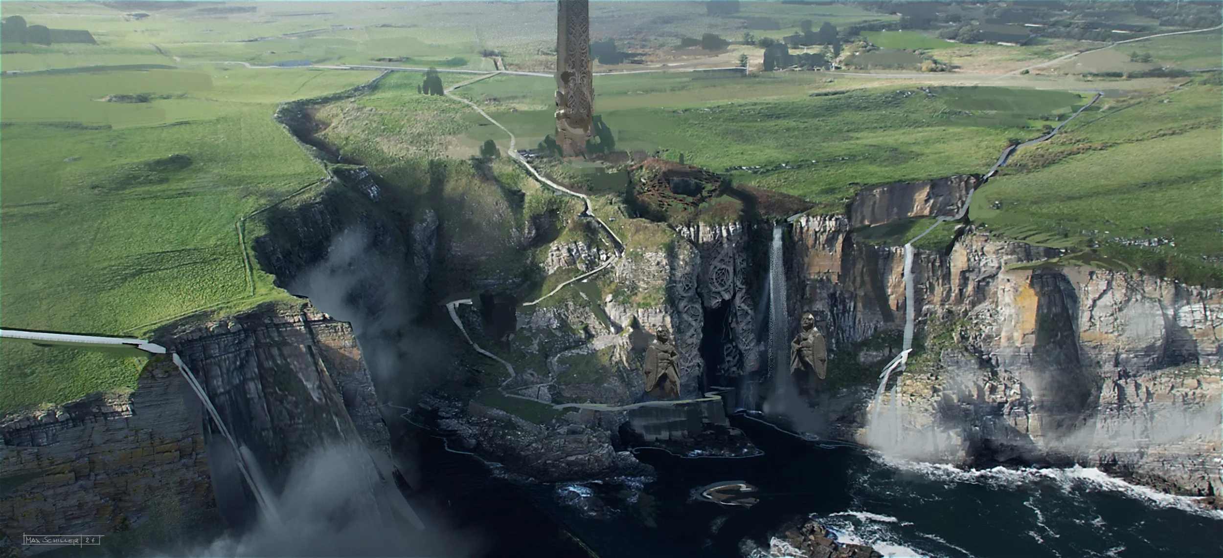 Image of a lush green landscape with waterfalls and a monument of three statues at the bottom. The view is from an aerial perspective, showcasing waterfalls cascading down cliffs surrounded by greenery, environment sketch for King