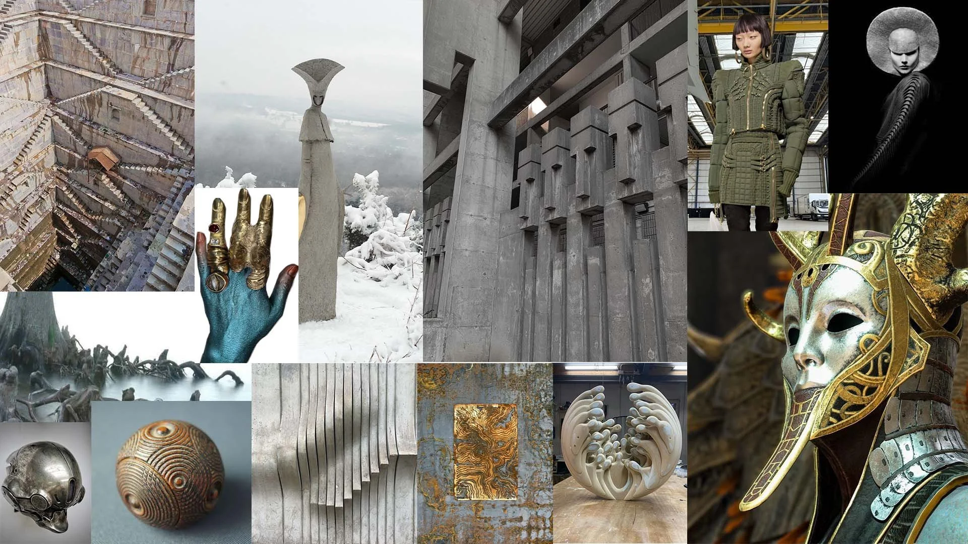 A collage of various artistic and architectural structures, core references for Aren Dust worldbuilding project