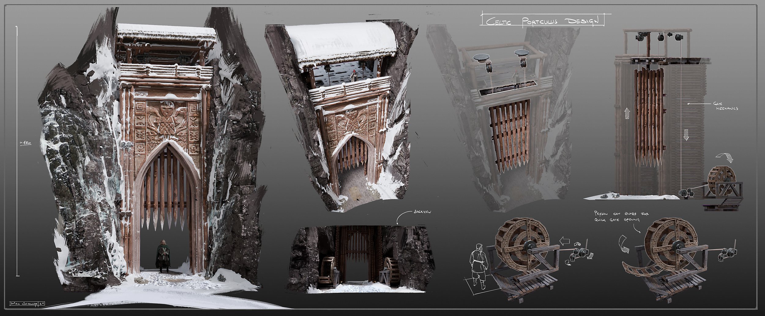 dark fantasy design sheet from King showing a wooden gate in a snowy environment, breaking down the opening mechanism in detail with several sketches