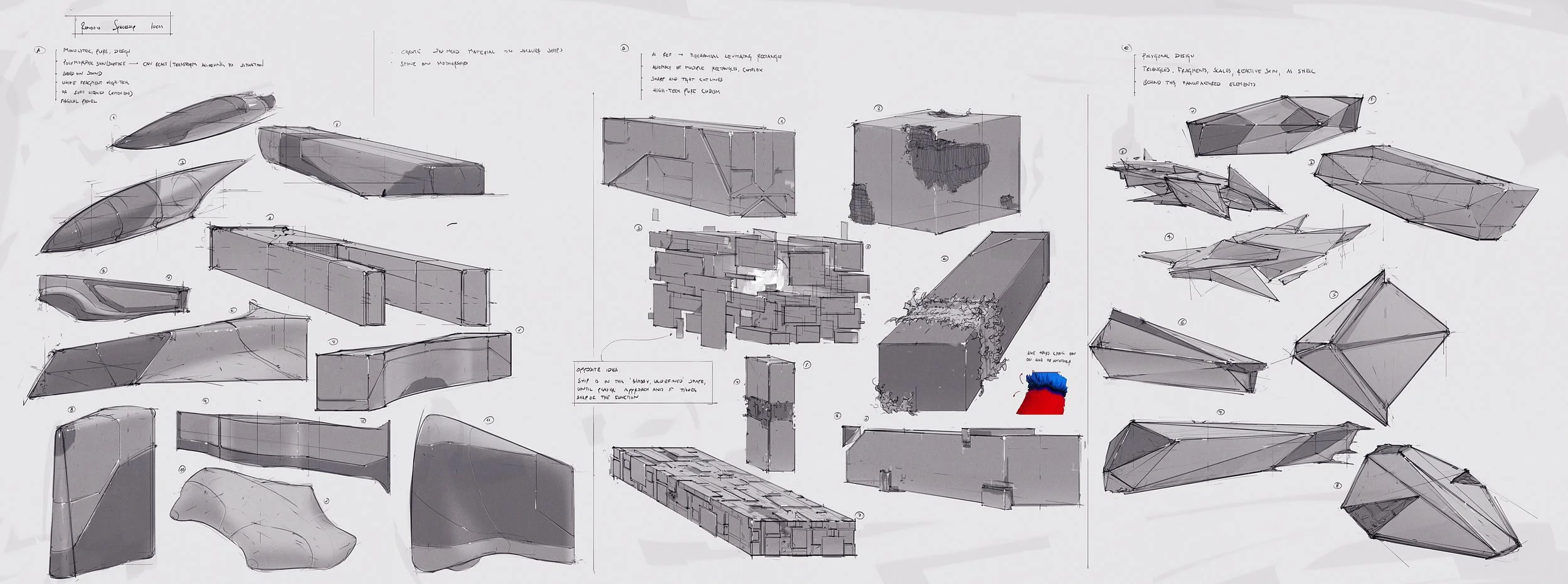 Sketches and plans of various geometric architectural forms and structures, including panels, cubes, and unconventional shapes, with notes and annotations.