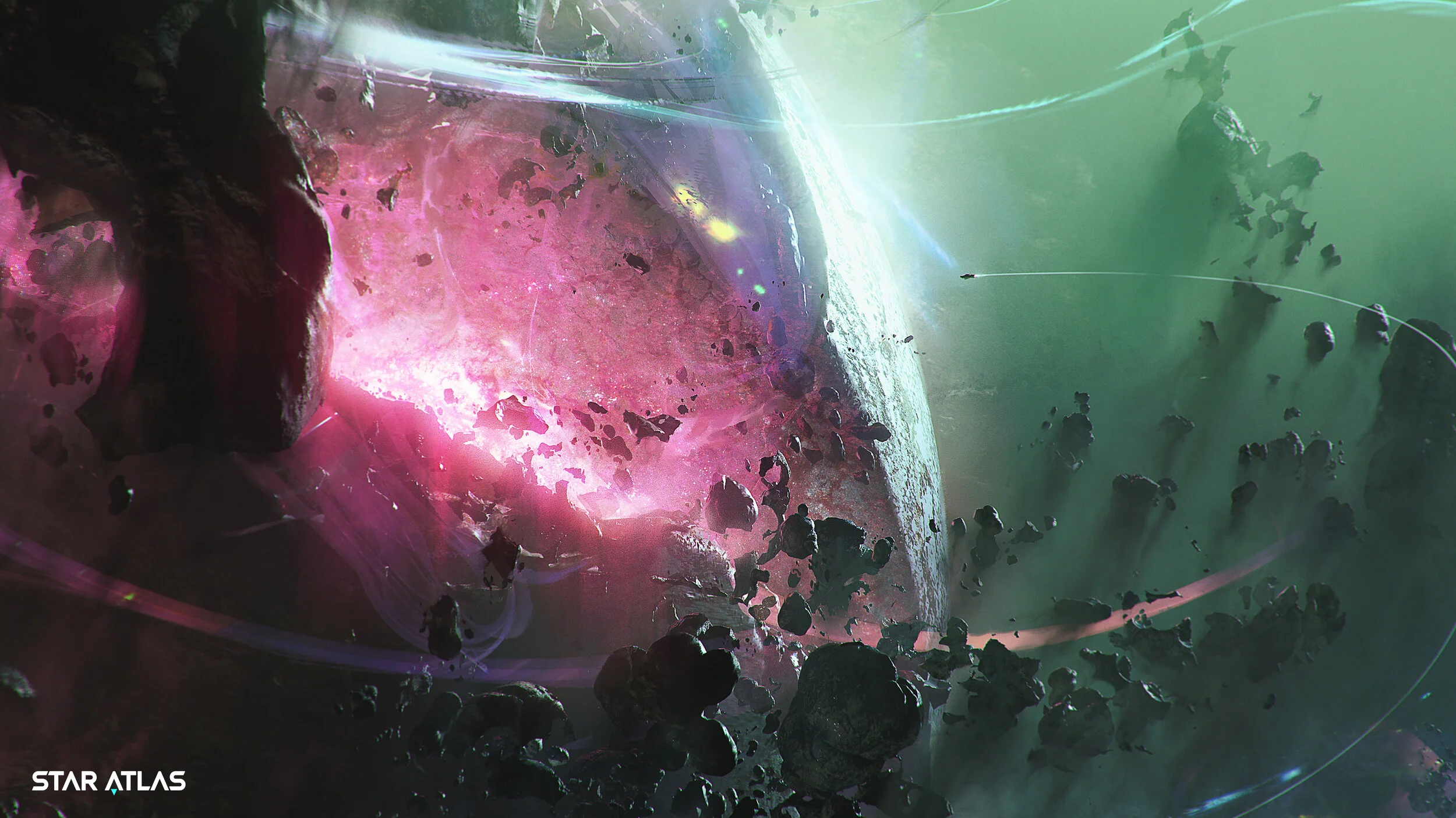 Cinematic establishing shot for Star Atlas showing a colorful depiction of outer space, showing a planet with a pink and white surface surrounded by floating debris and asteroids, with bright streaks of light and a greenish background