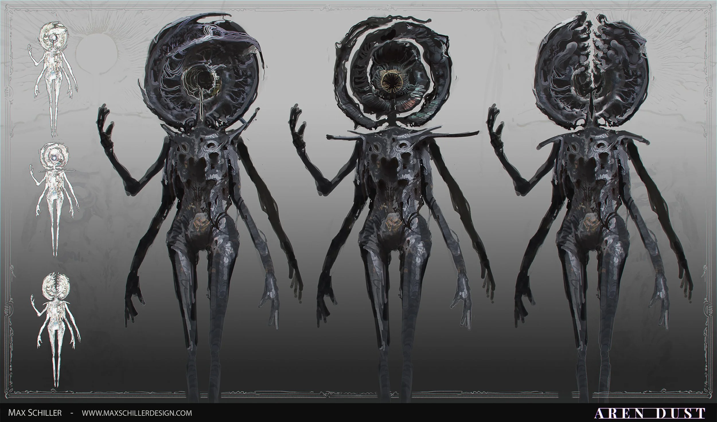 Design exploration of humanoid but alien gods, with holes in their bodies and circular heads, creature concept art for Aren Dust
