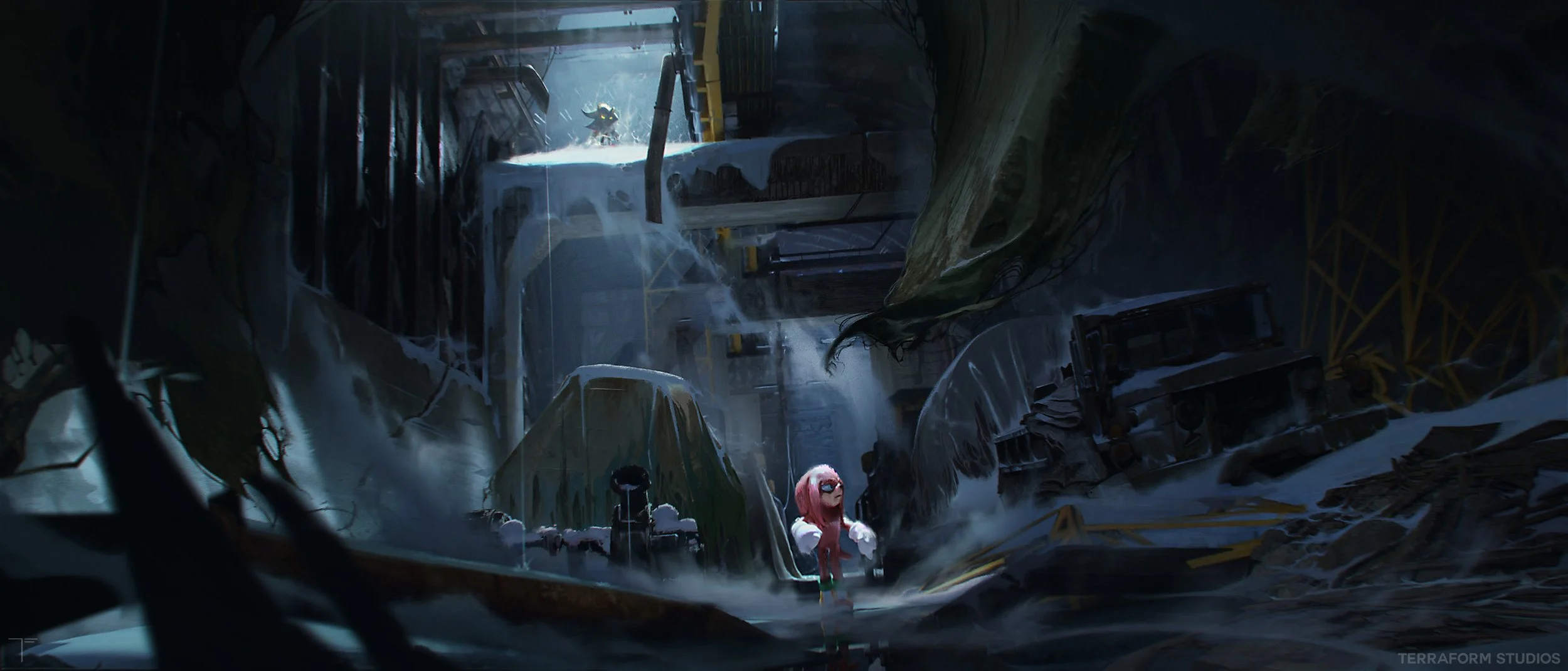Cinematic sonic 3 environment concept art showing Shadow hunting Knuckles in a dark industrial setting.