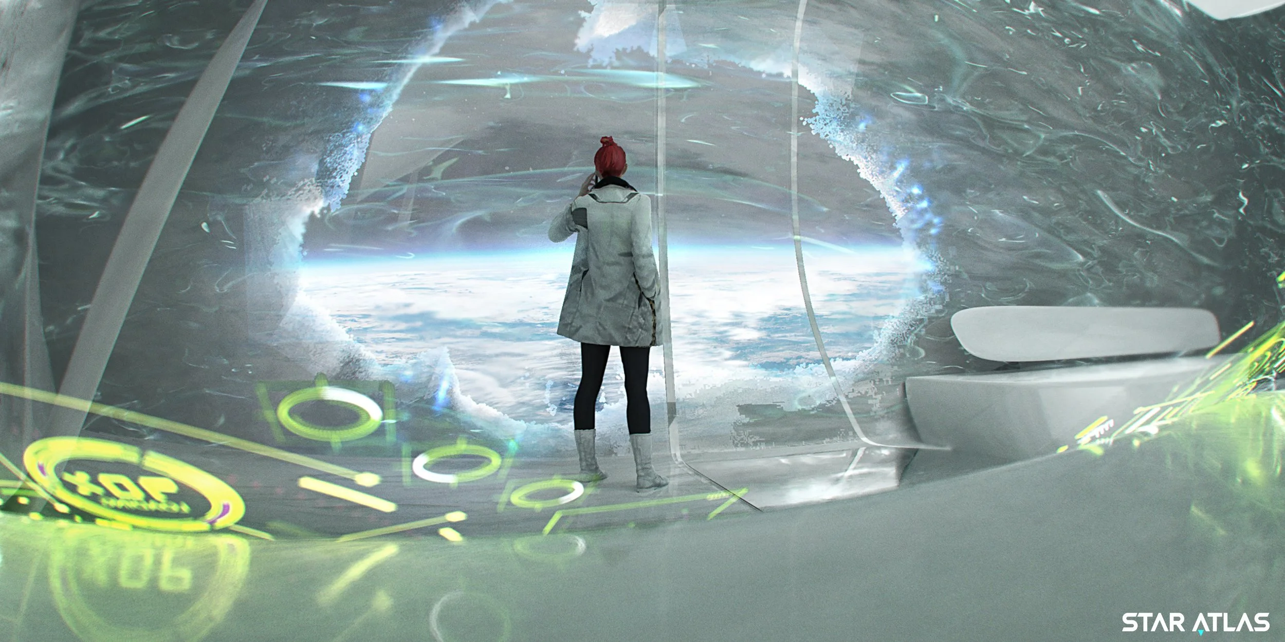 A woman with red hair, wearing a gray coat, standing inside a futuristic and spacious room with large transparent walls showing Earth from space. The room has holographic displays with glowing circular graphics and technical data projected around her. The scene suggests a space station or advanced spacecraft environment.