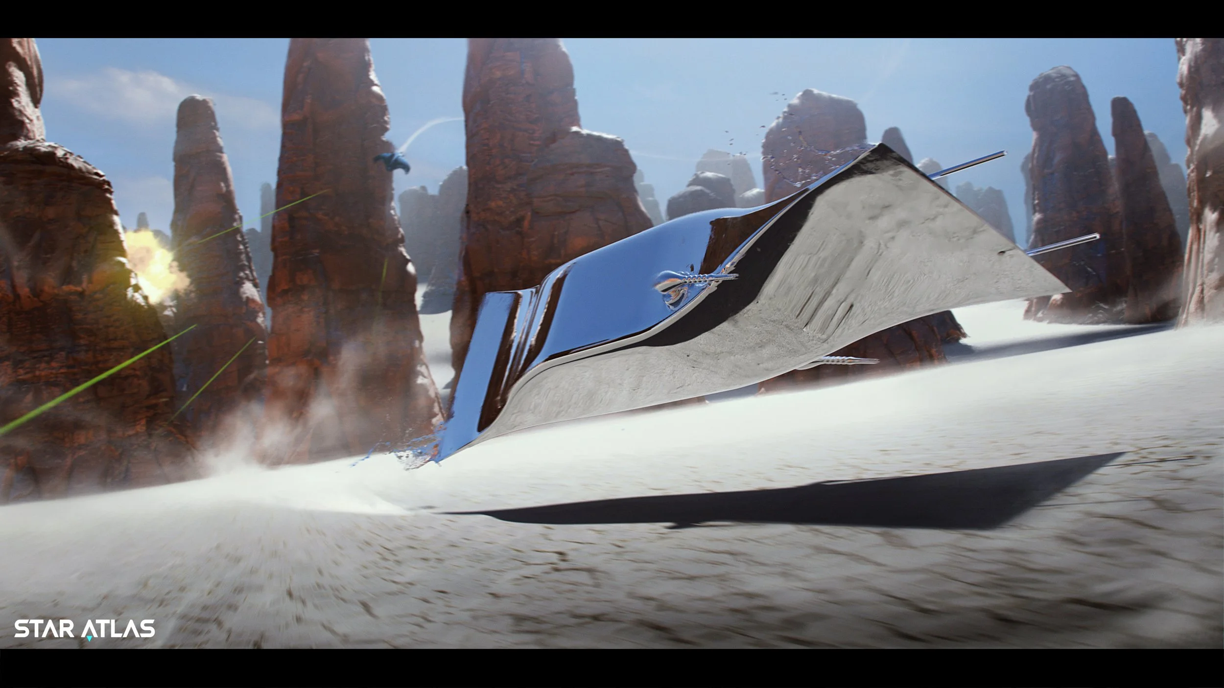 A futuristic spacecraft flying through a canyon with tall, rocky red formations, kicking up snow or dust behind it, with a blue sky and clouds in the background.