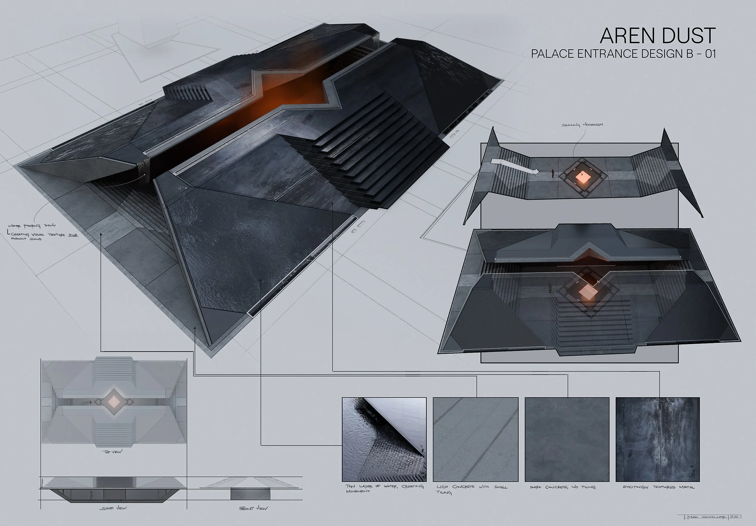 Architectural design sketch and 3D rendering of a modern palace entrance with textured metal, water features, and multiple viewpoints, concept art and production design for Aren Dust