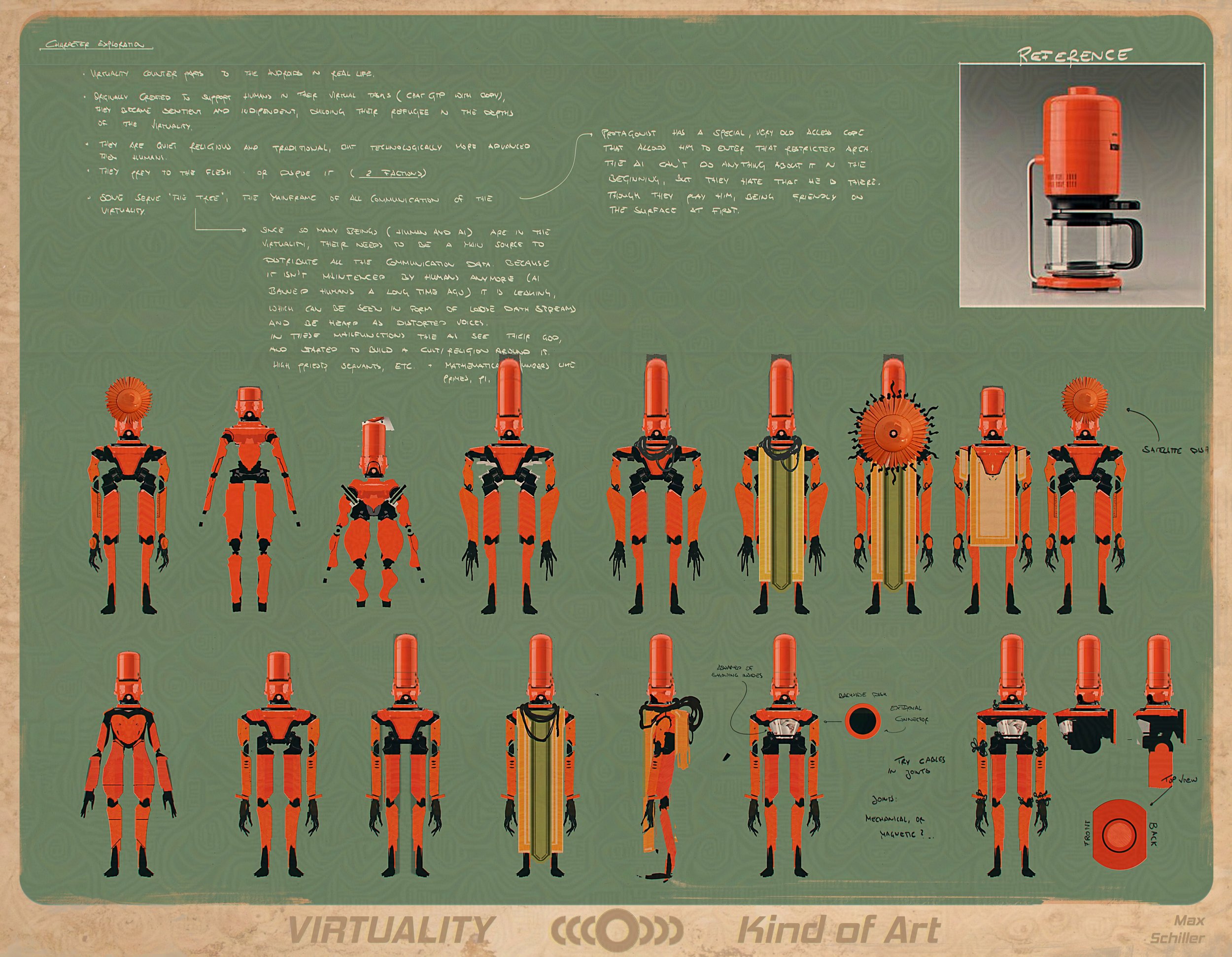Illustration of various humanoid robots with labels indicating different features and functions, accompanied by handwritten notes on the design and purpose of the robots.