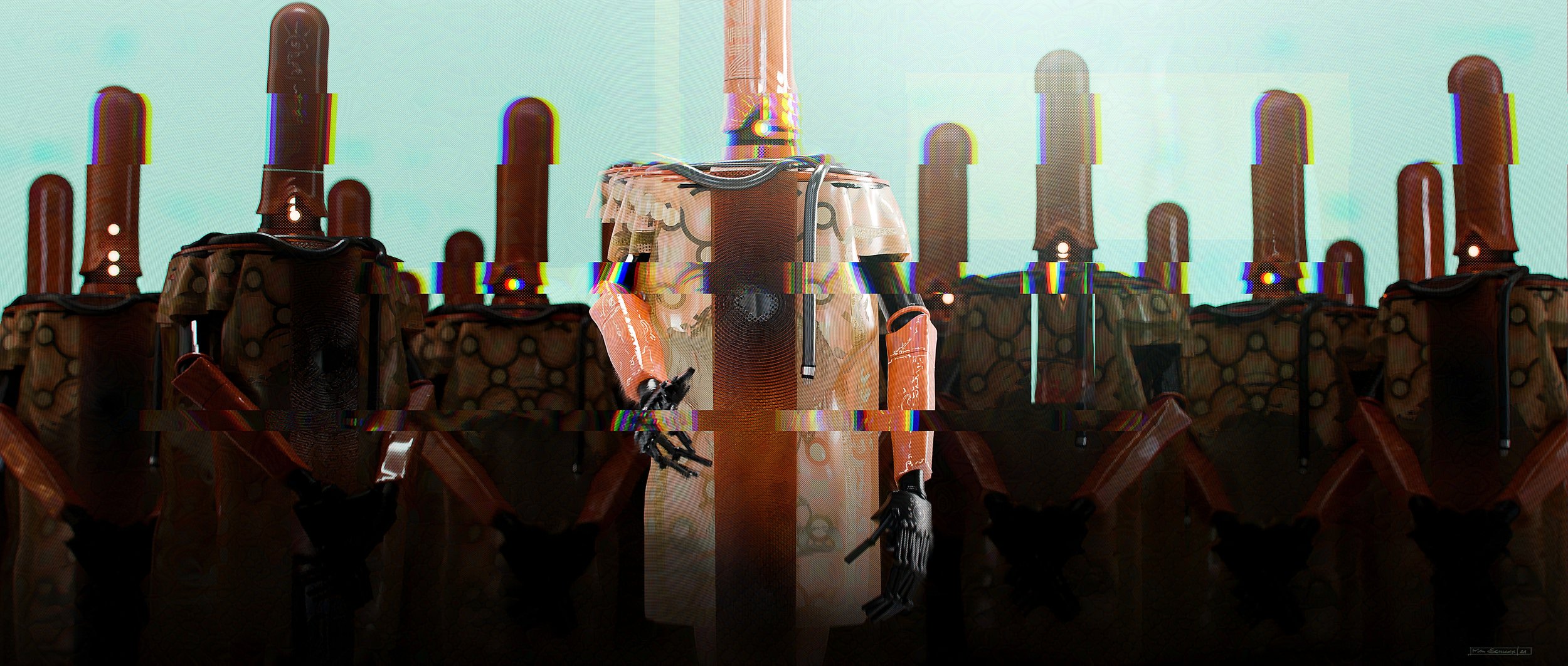 A group of robotic humanoid figures with backpacks and umbrellas lined up outdoors, with a light blue sky in the background.