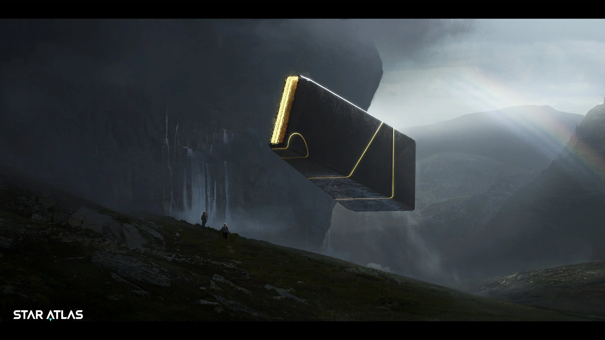 A futuristic floating structure with glowing yellow edges in a mountainous landscape with water falls and mist, two people standing on rocks at the bottom, and the words 'STAR ATLAS' in the bottom left corner.