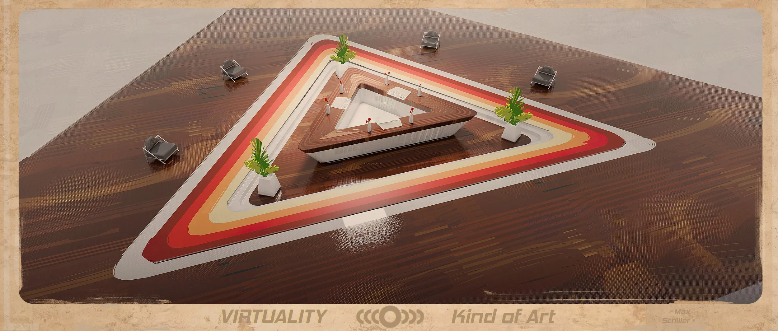 An abstract architectural model featuring a triangular-shaped building with a central courtyard, surrounded by layered rainbow-colored pathways and four potted plants, set on a textured wooden surface.