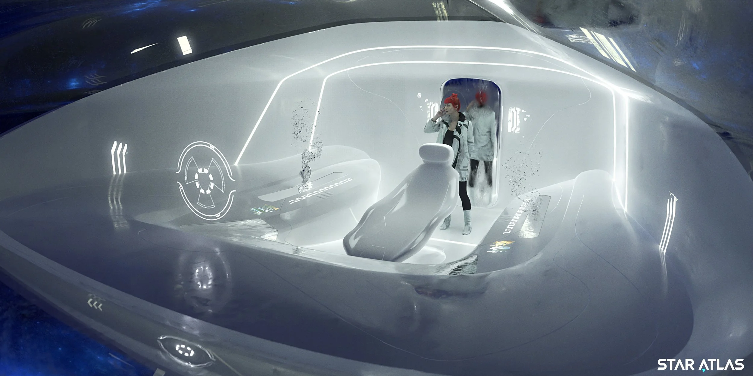 Interior of a futuristic spaceship cockpit with a woman with red hair talking on a phone, digital displays, and a sleek, white design.