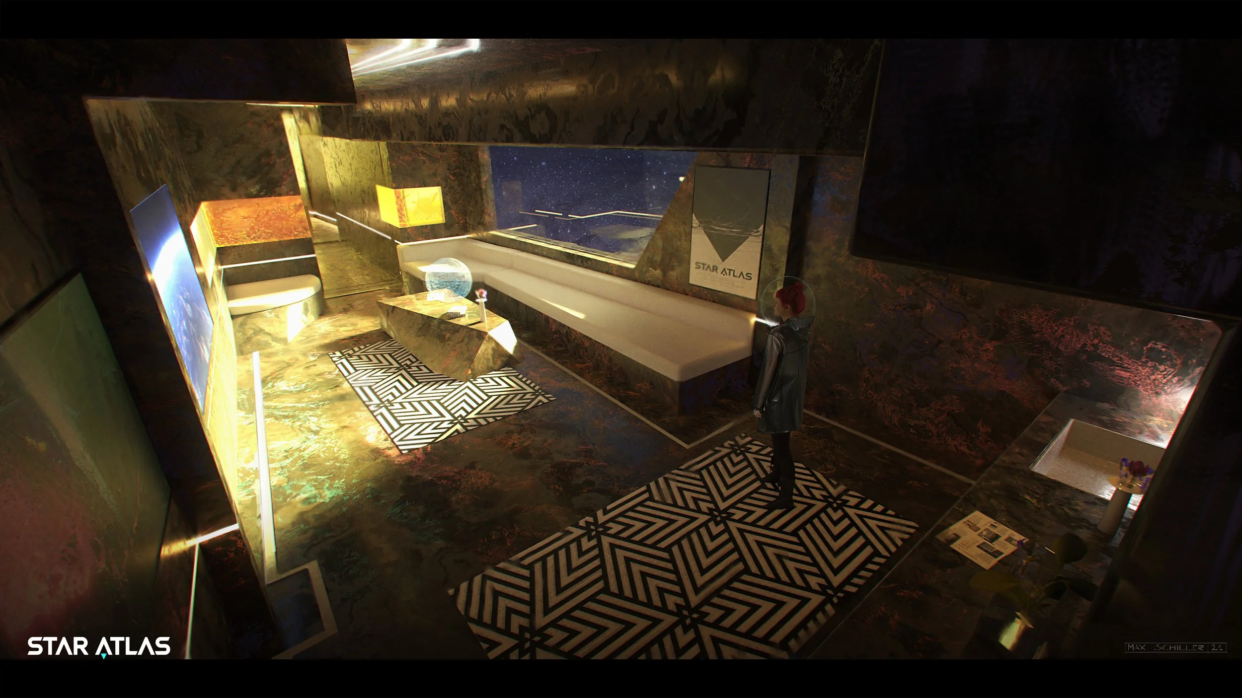 A person standing in a room with a space-themed decor, featuring dark marble walls, a geometric black-and-white rug, a white sofa, and several illuminated screens displaying space images, with a large window showing stars.