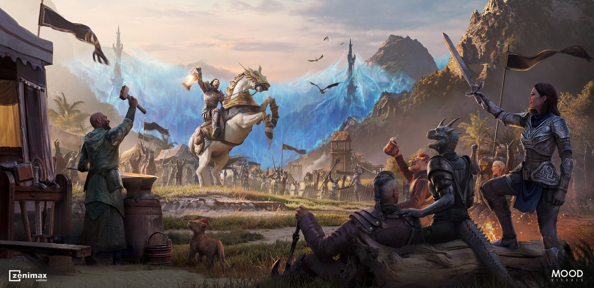 Fantasy battle scene with a knight in armor on horseback wielding a hammer, surrounded by soldiers and mythical creatures, with mountains and dragons in the background during sunset.