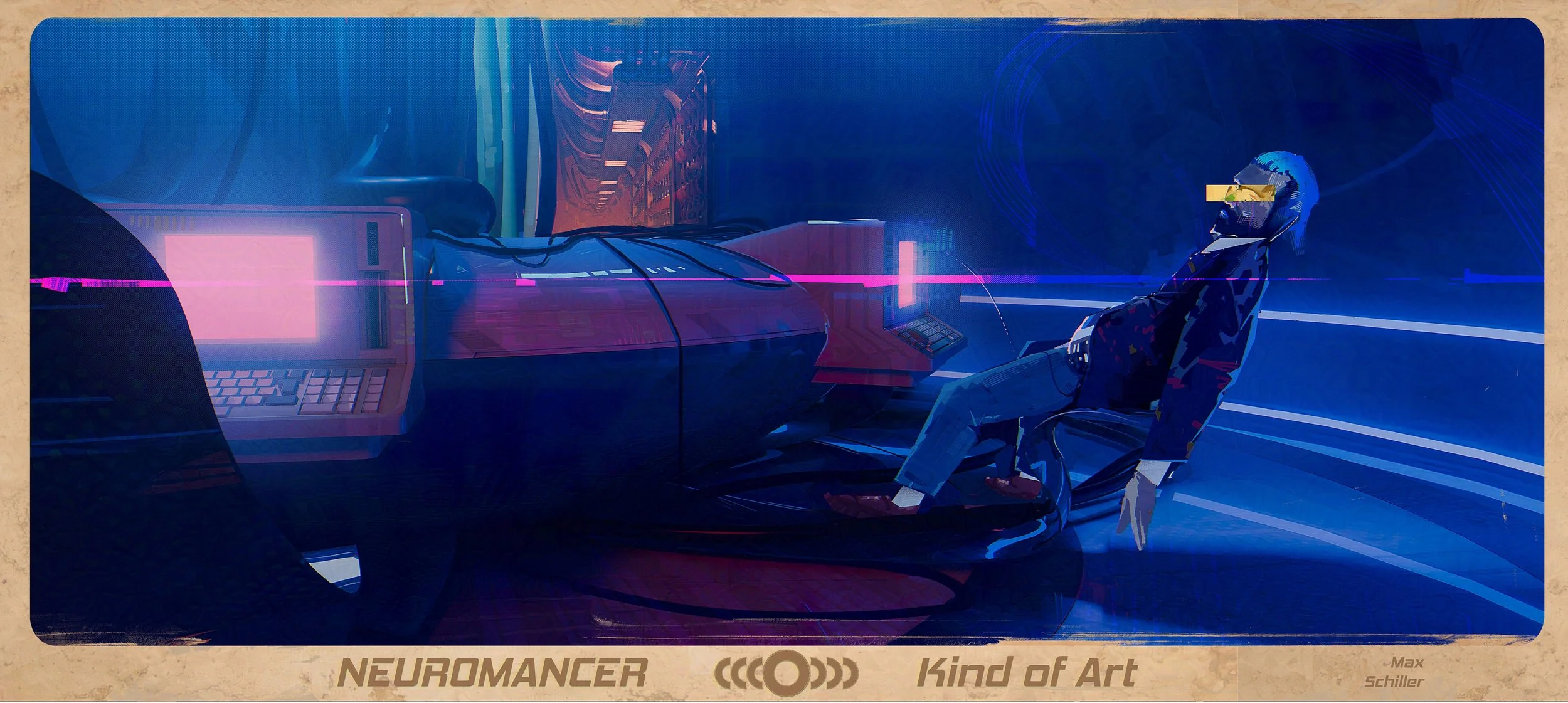 Cinematic concept art for the cyberpunk project Virtuality of a futuristic scene with a person in a sleek suit, wearing a visor, sitting in a high-tech room with glowing blue and pink lights, and a vintage computer with a pink screen on a desk.