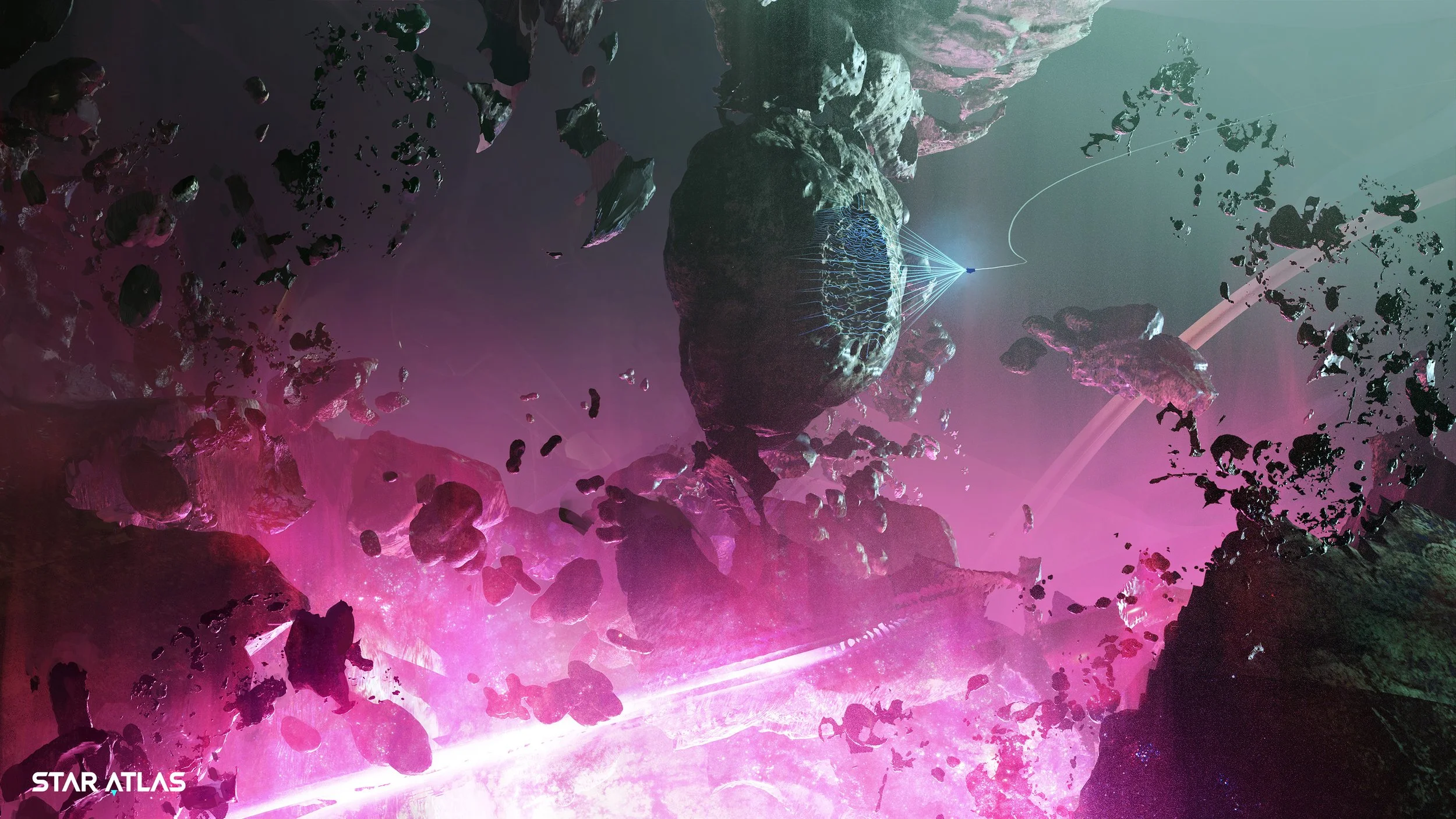 Artwork depicting a futuristic space scene with floating rocks and debris in colorful, glowing hues of pink, purple, and green, with a bright light source at the bottom. There is a digital network or structure connecting some rocks, and a small spacecraft or probe in the distance. The bottom left corner features the text 'STAR ATLAS'.