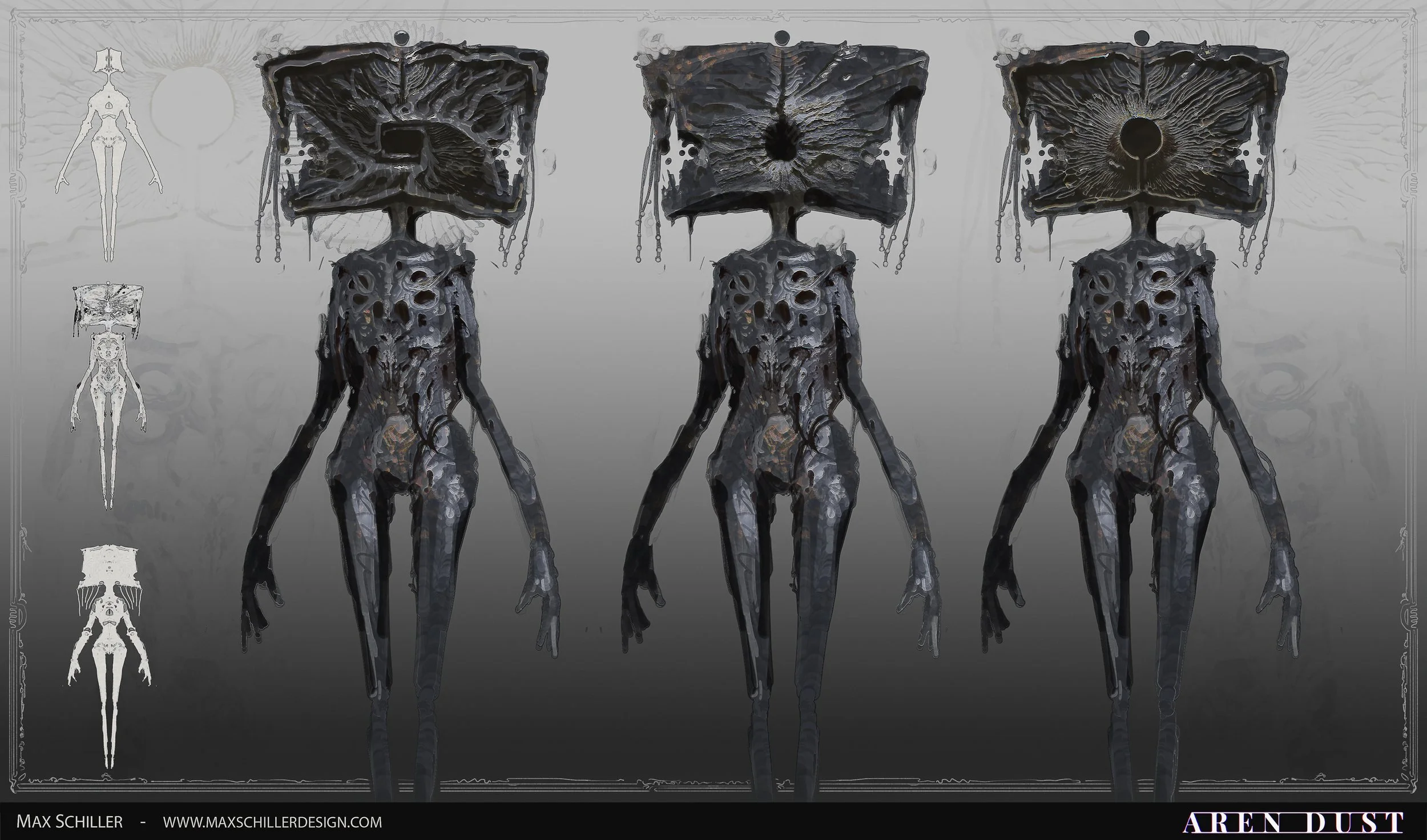 Design exploration of humanoid but alien gods, with holes in their bodies and rectangle heads, creature concept art for Aren Dust