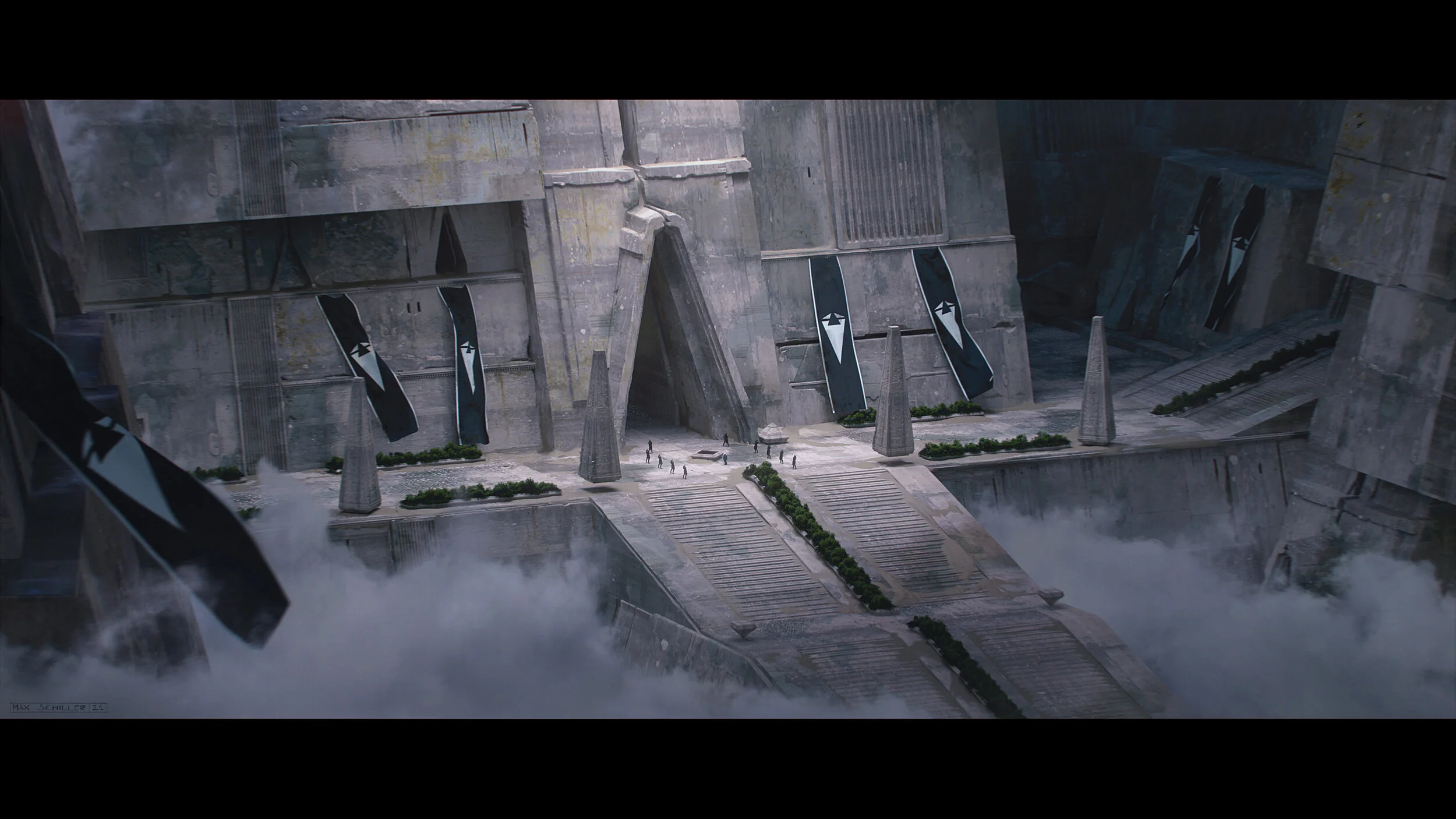 Keyart of a brutalistic sci-fi palast. Big scenery