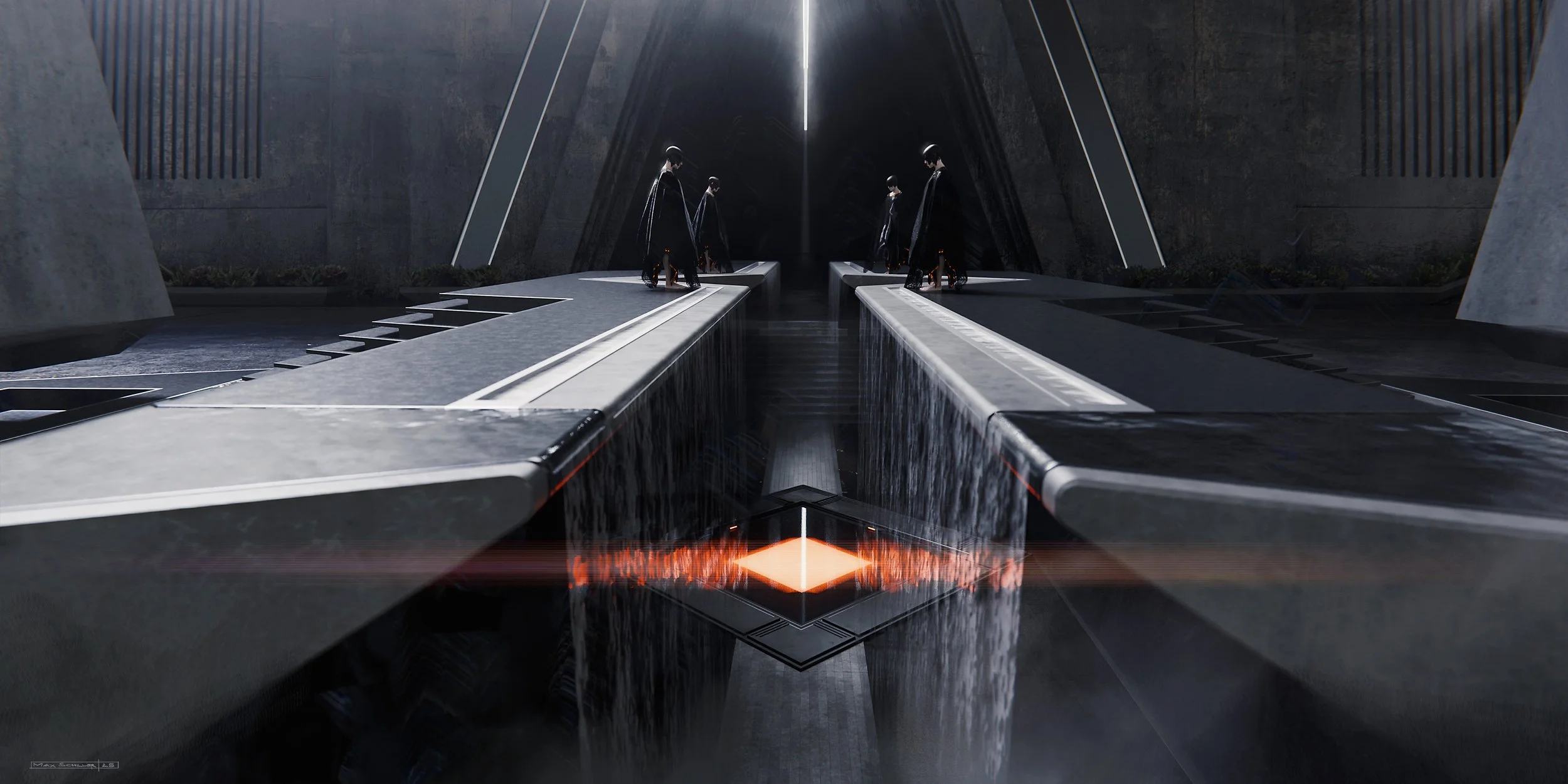 Cinematic establishing shot of a ritual scanner with large concrete buildings and banners luring behind it, with a group of people guarding a narrow pathway, keyart for Aren Dust