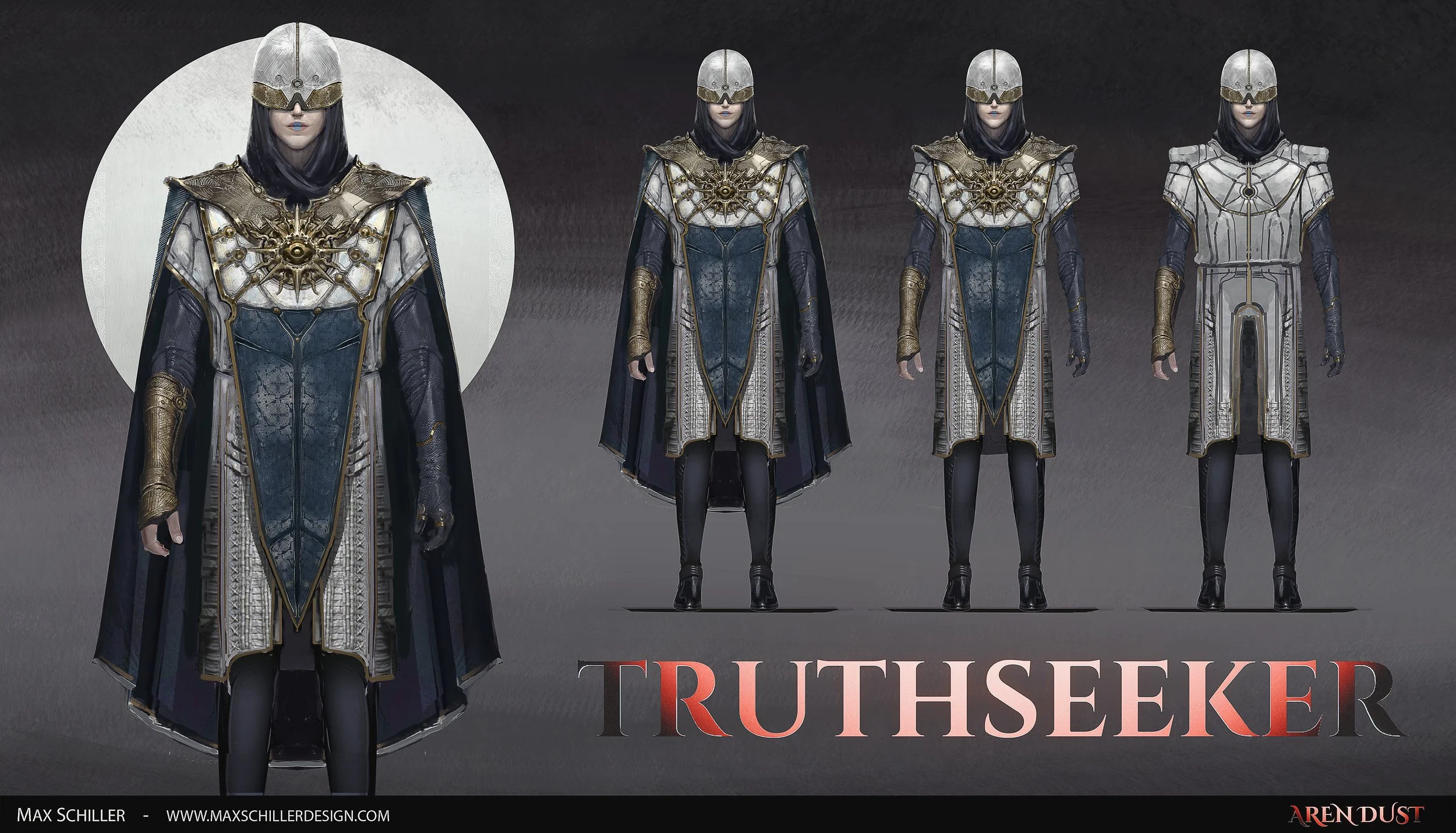 Designs of a character for the faction Truthseeker with breakdowns of different costume layers, featuring a futuristic armor with a large ornate collar, a helmet, and a cape, character concept art for Aren Dust
