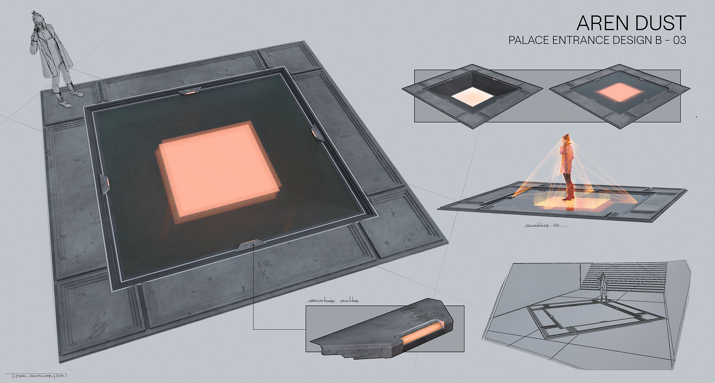 Architectural design sketch and 3D rendering of a full-body scanner, concept art and production design for Aren Dust