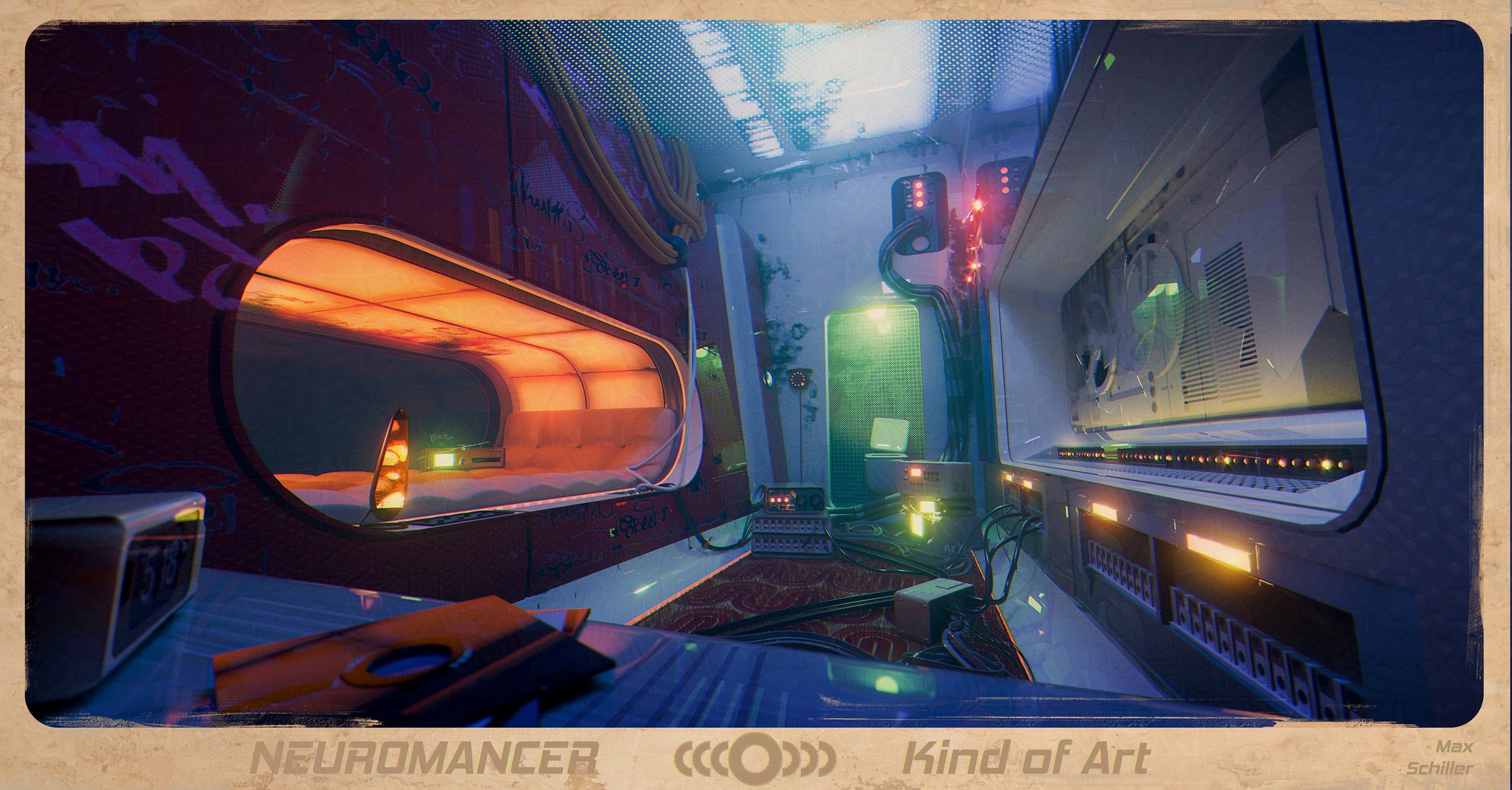 Cinematic establisher key art for the cyberpunk project Virtuality, showing a stylized and small motel room with 80s tech and interior design, very colorful and moody.