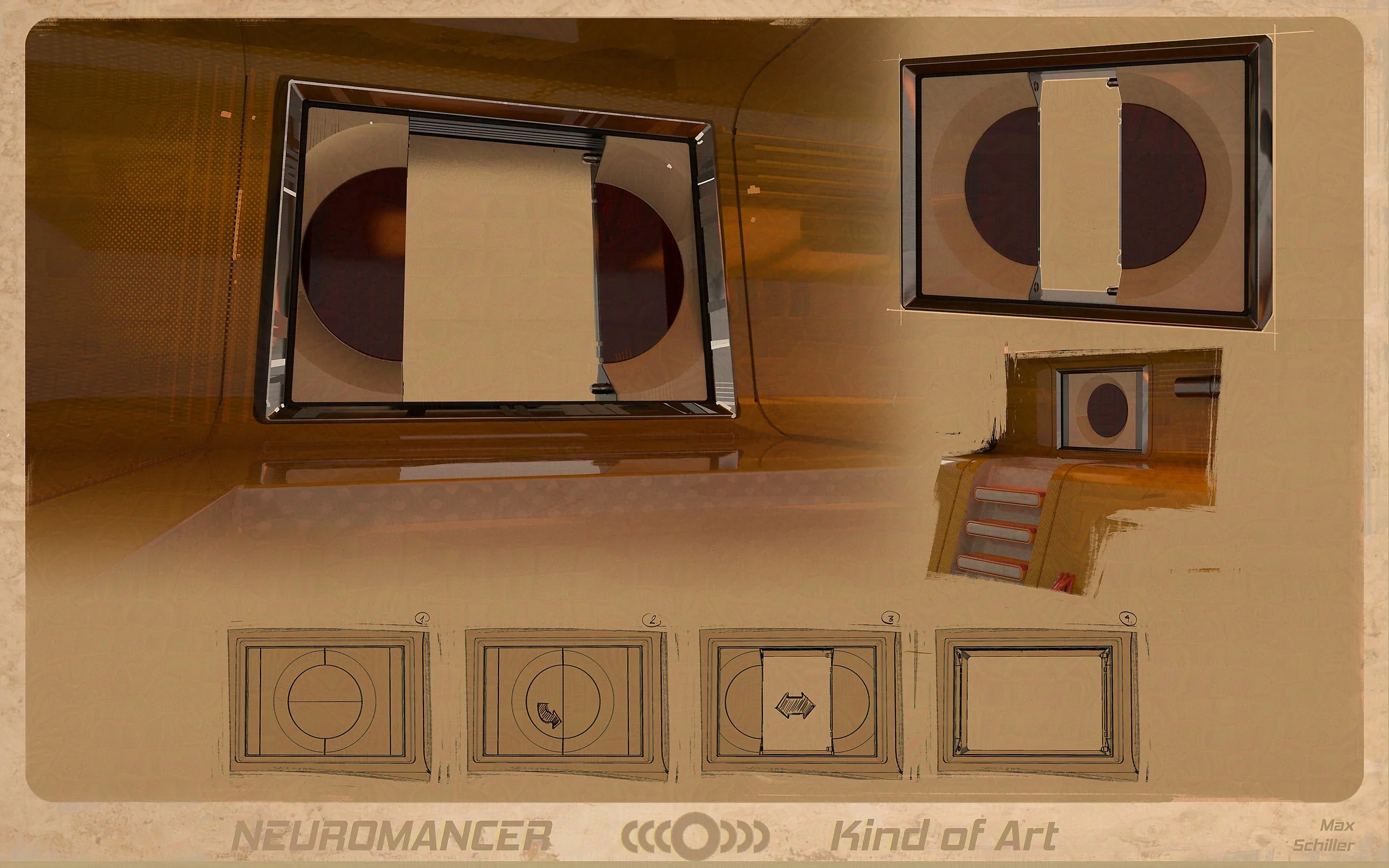 Concept art and sketches of the corridor in the motel for Virtuality, a futuristic cyberpunk project.