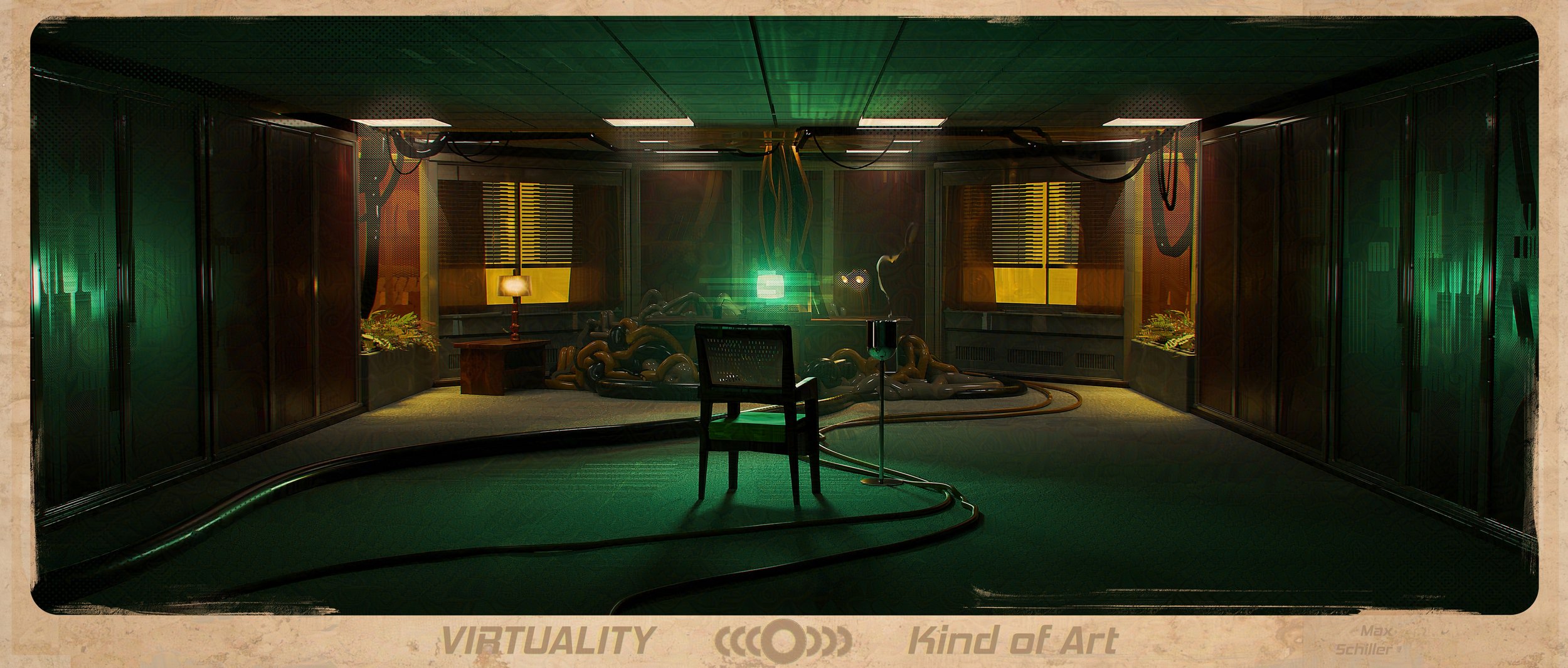 Dimly lit room with vintage furniture, green lighting, and tangled cables; a single chair and a small table with a lamp, amidst various objects piled on the floor, creating a mysterious atmosphere.