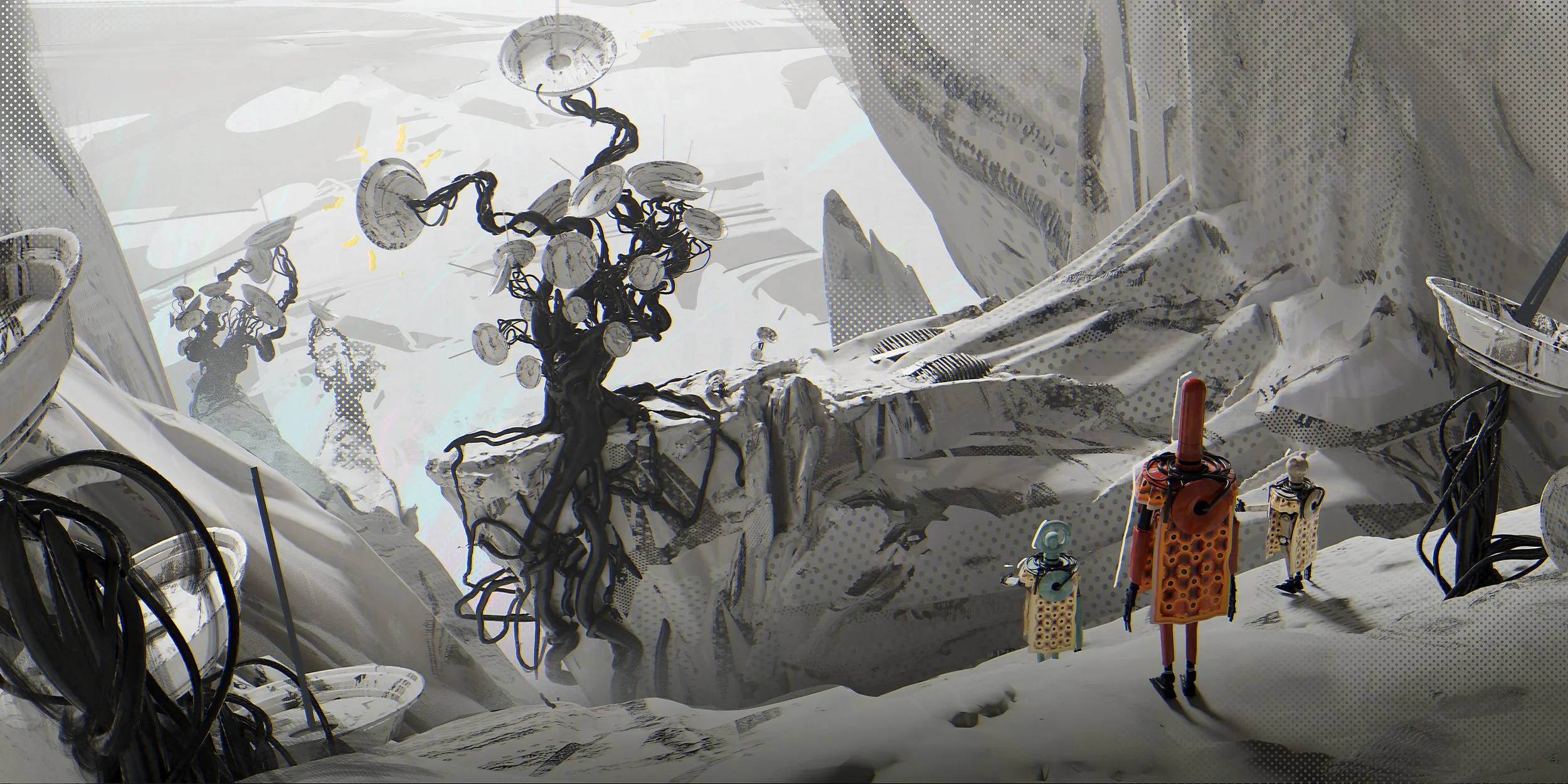 A snowy landscape with a futuristic tree sculpture made of black twisted branches and disk-shaped leaves, surrounded by abstract structures and small humanoid figures wearing patterned clothing