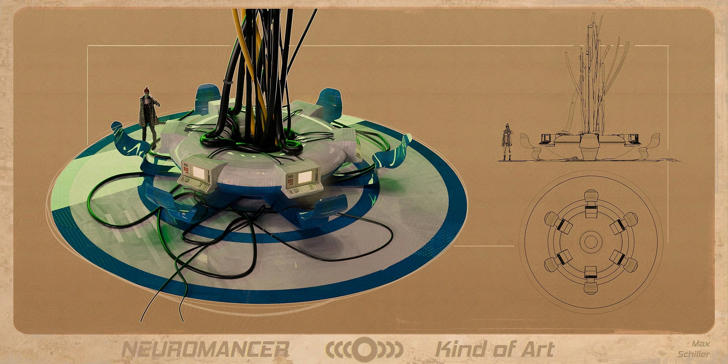 Call-out sheet of the network PCs arranged around a circular table with 6 seats for Virtuality, a futuristic cyberpunk project.