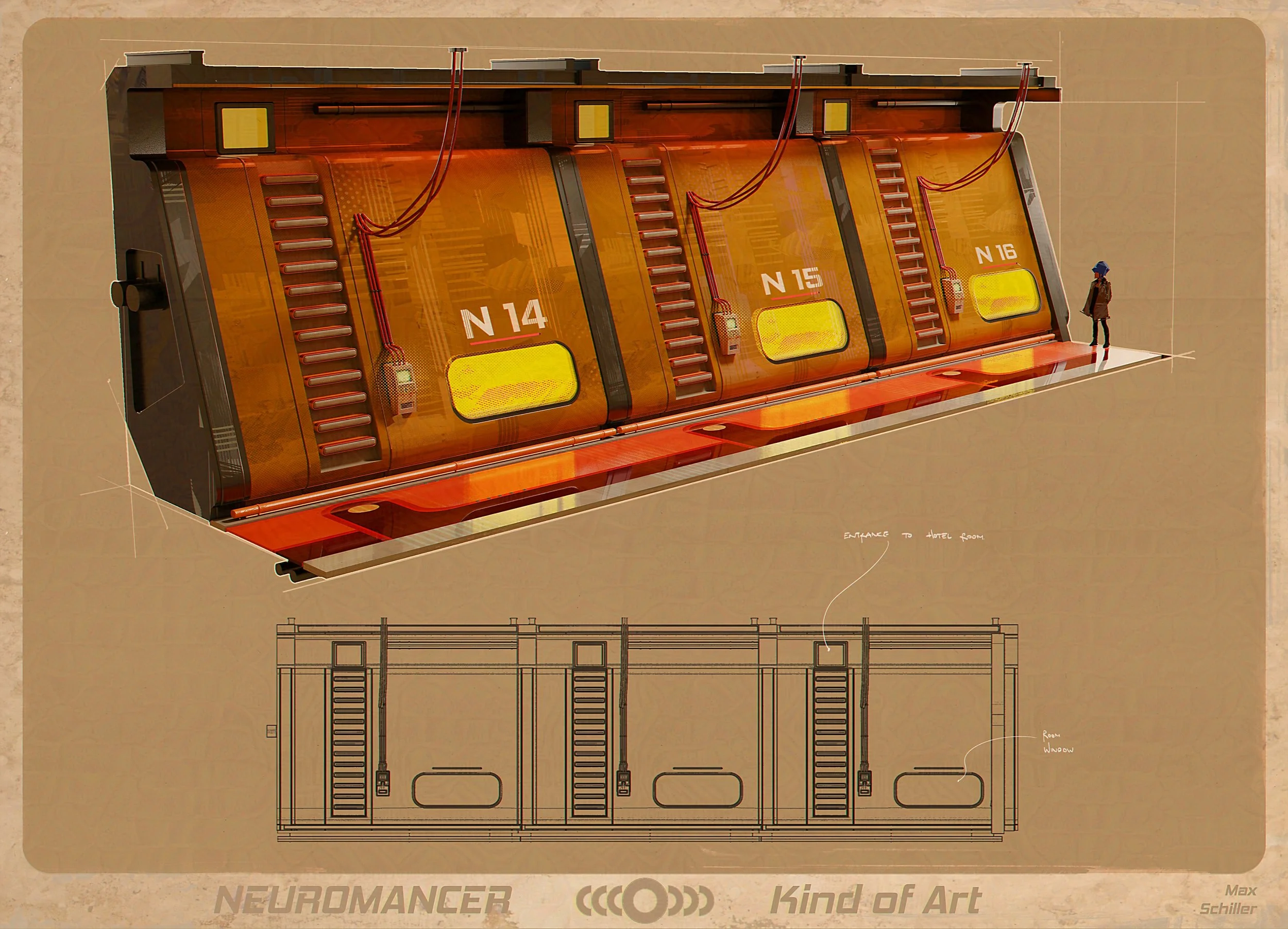 Call-out sheet for the modular motel rooms for Virtuality, a futuristic cyberpunk project.