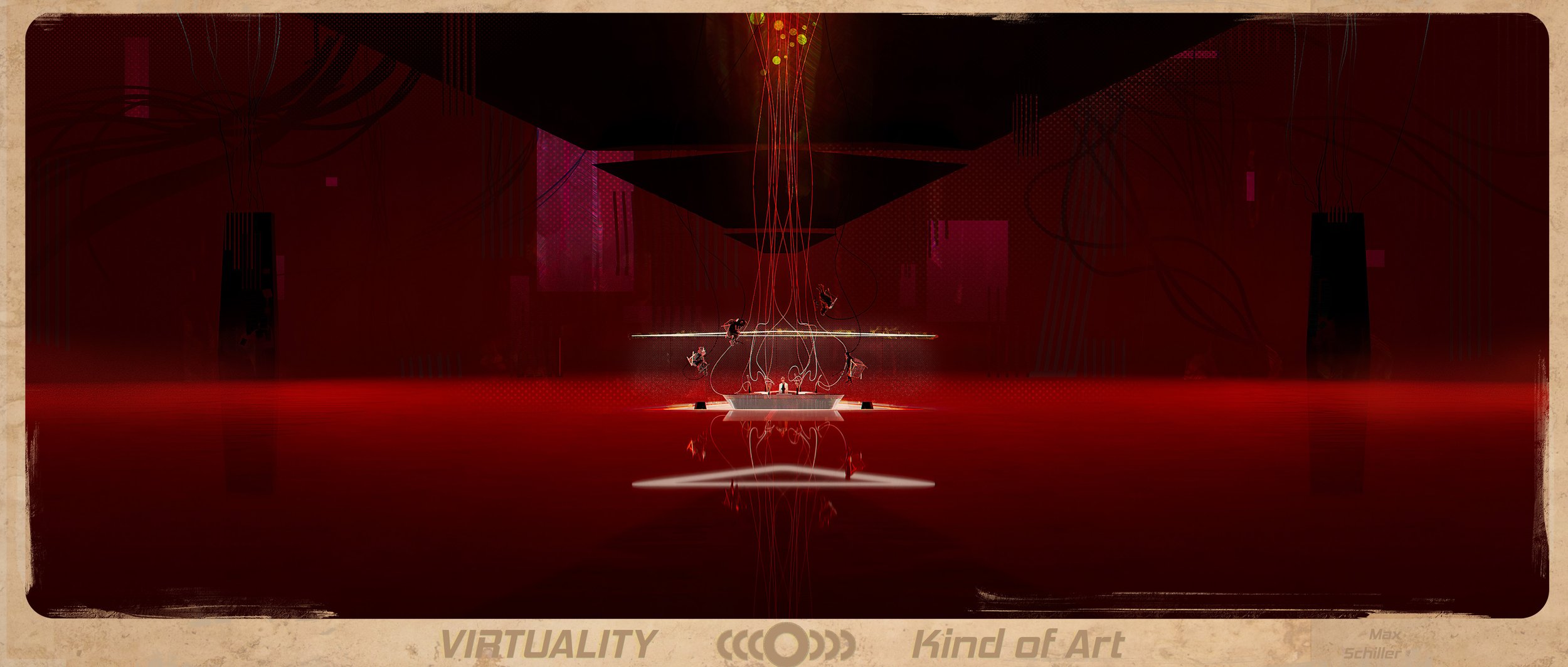 Cinematic keyframe of the corporate lobby in red, with ominous dark shapes and a dark, menacing mood.