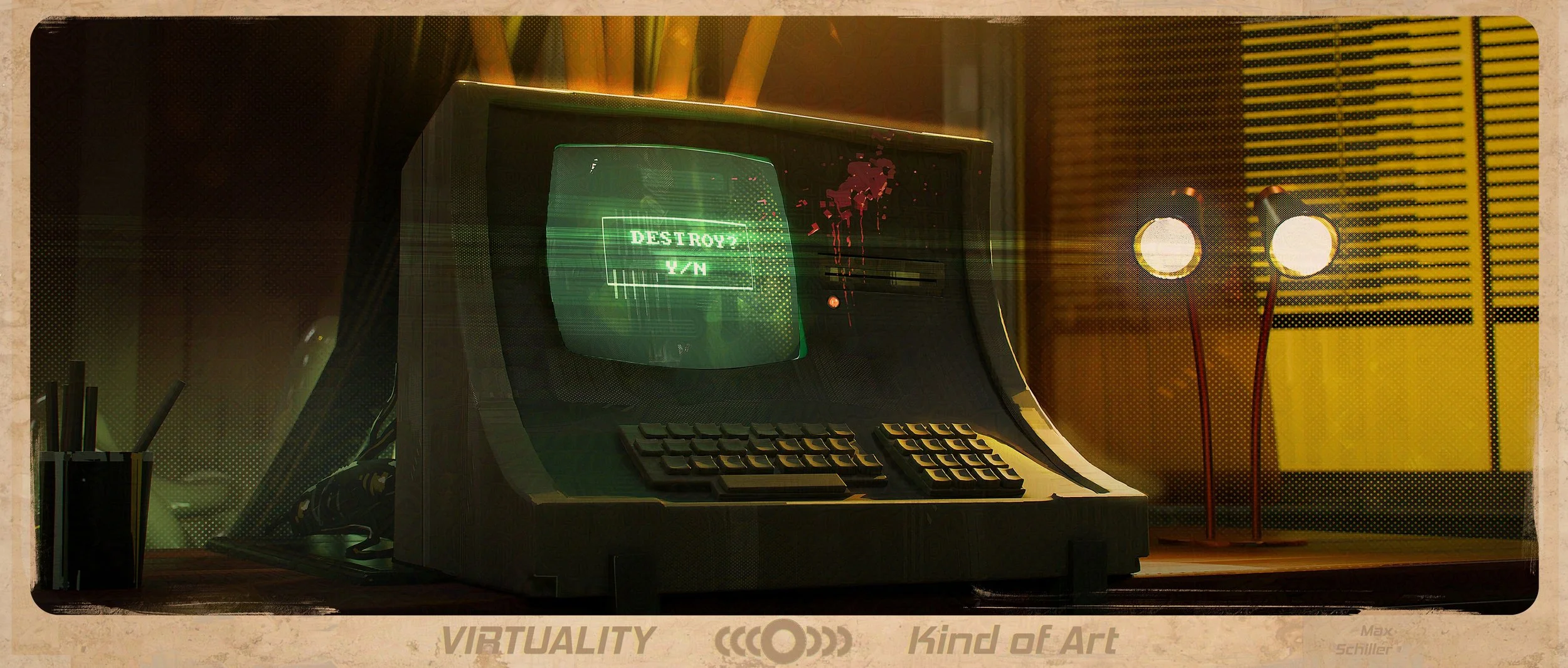 A vintage computer monitor displaying the text "DESTROY? Y/N" in green on a black screen, with old electronic equipment and yellow lighting in the background.