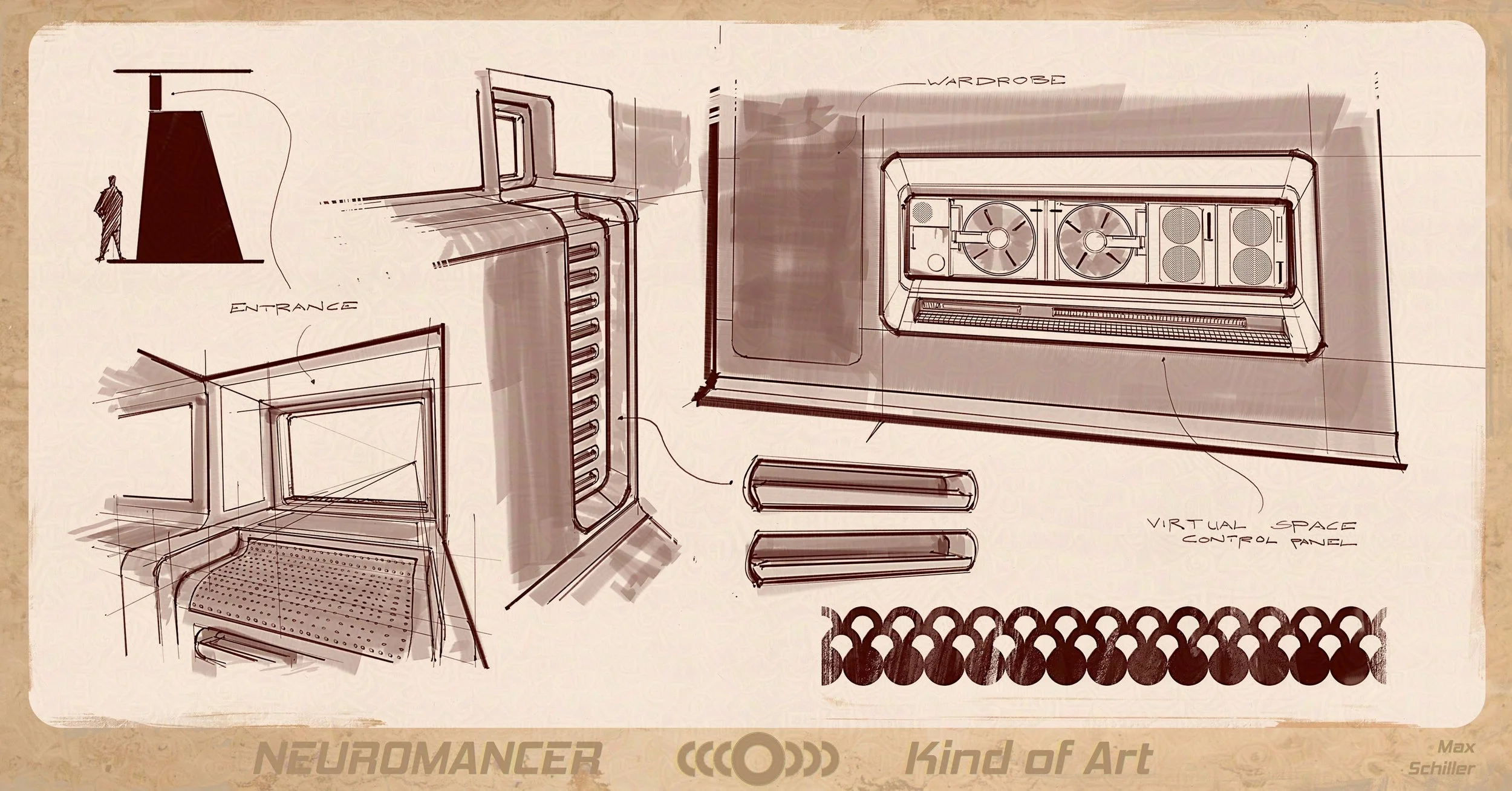 Concept art and sketches of the corridor in the motel for Virtuality, a futuristic cyberpunk project.