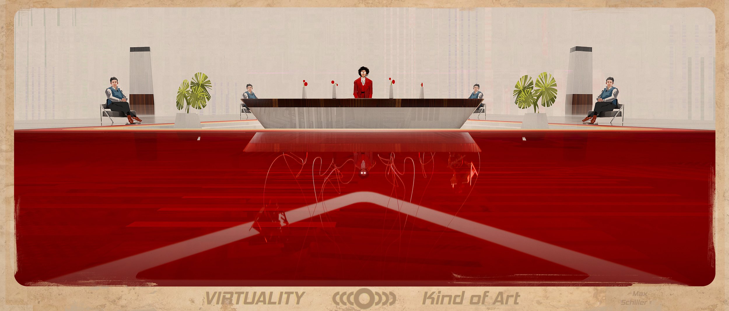 A digital illustration of a modern reception area with four people sitting and standing behind a curved desk. The scene includes large potted plants, tall indoor structures, and a reflective red floor.