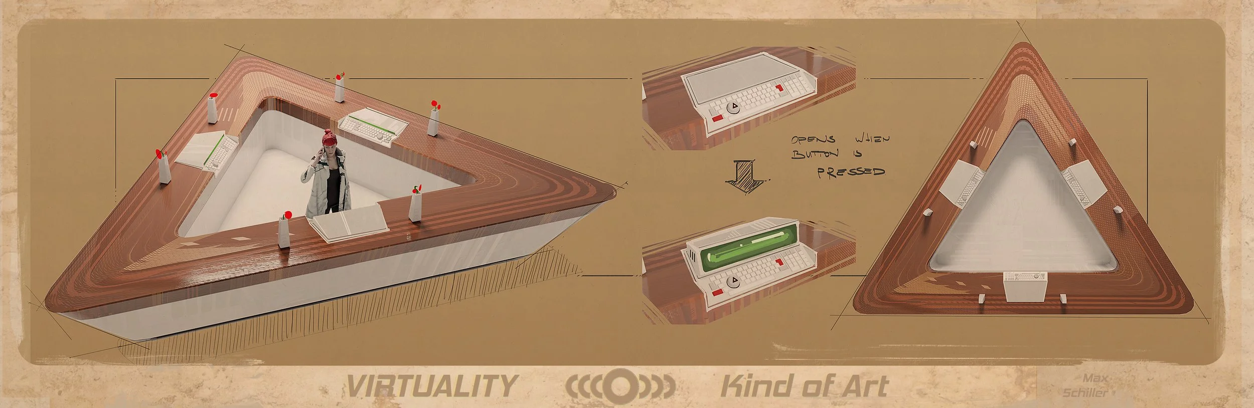 Call-out sheet of the desk in the virtual corporate welcome room for Virtuality, a futuristic cyberpunk project.