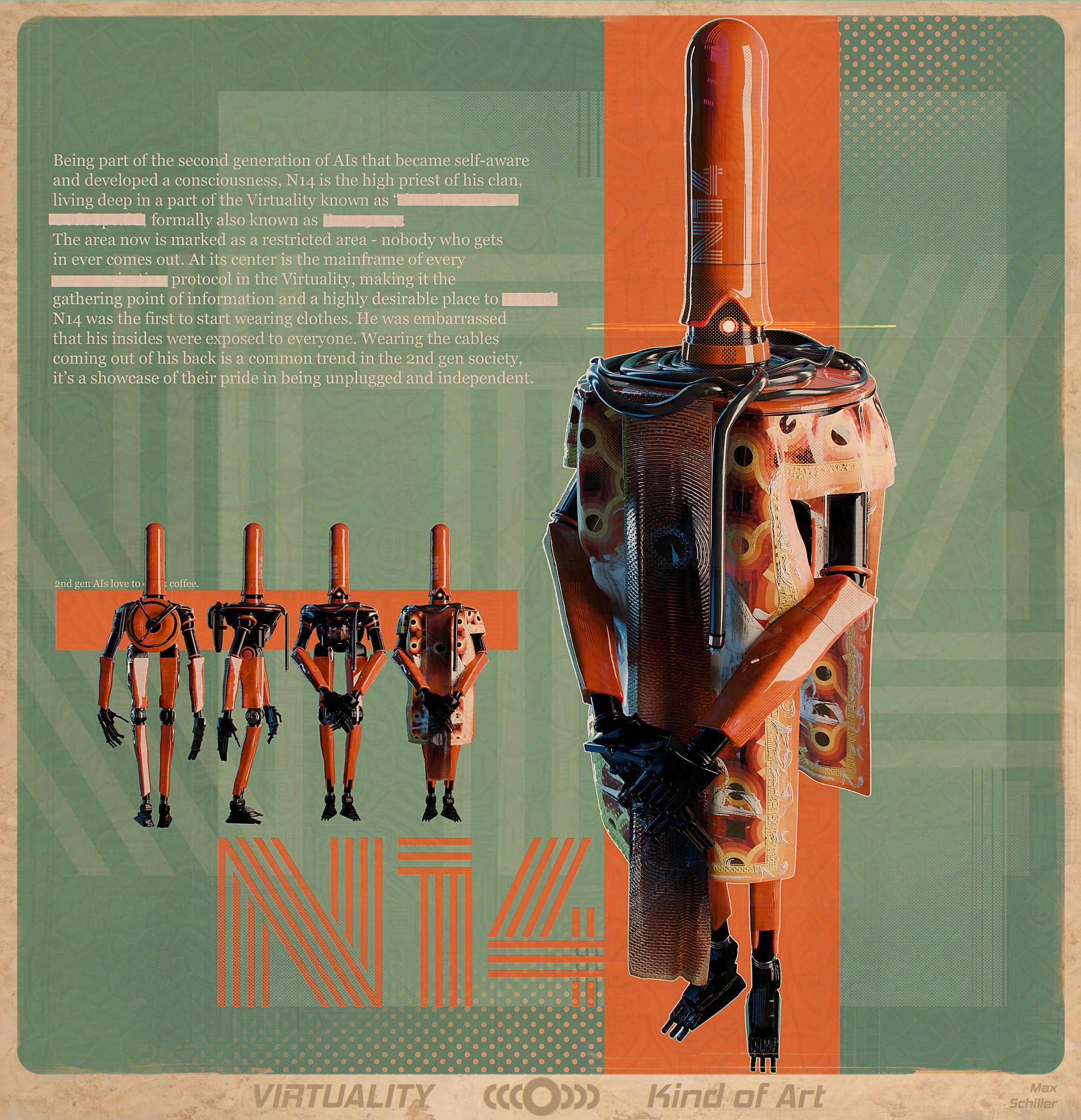 Poster depicting a humanoid robot with a black and orange design, metallic and futuristic appearance, featuring a large torso and limbs with intricate details and cables. The background includes a green section with introductory text and a smaller section with images of four different robot models below the main figure. The text mentions AI, virtuality, and art, indicating themes of artificial intelligence and digital creativity.