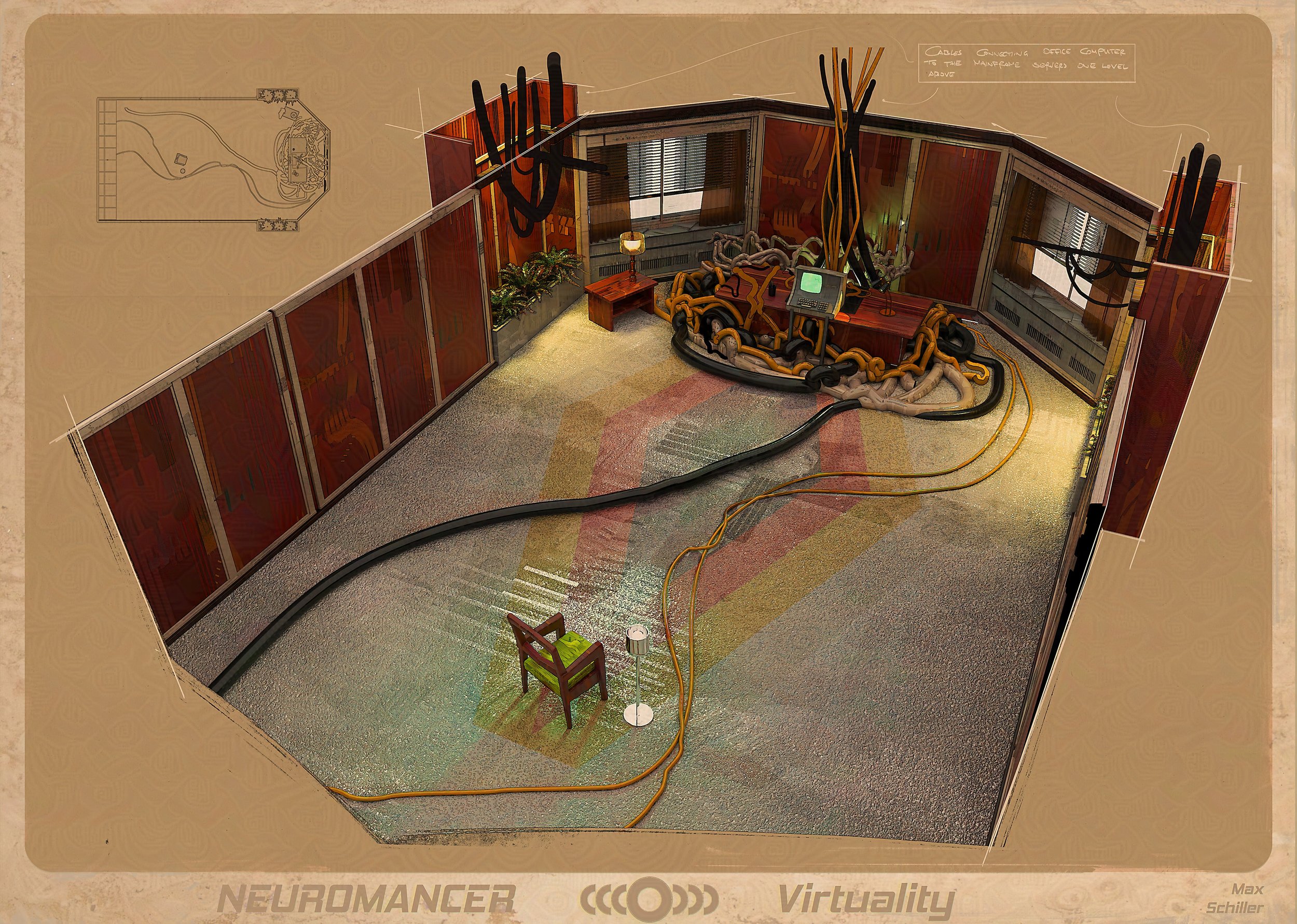 Call-out sheet for the CEO's office room, breaking down the floor and arrangement for Virtuality, a futuristic cyberpunk project.