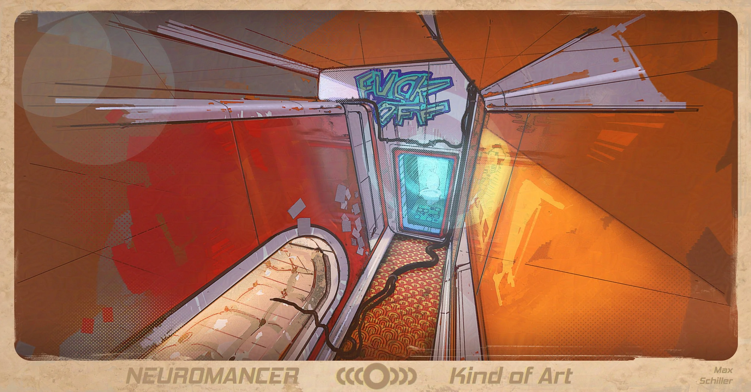 Concept art piece of the motel room for Virtuality, a futuristic cyberpunk project.
