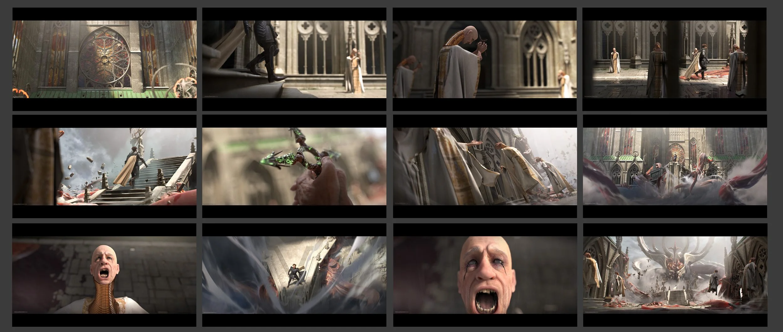 A cinematic scene featuring a grand cathedral with stained glass windows, epic battles, and characters wielding weapons, including a bow and a sword, amid chaos and destruction.