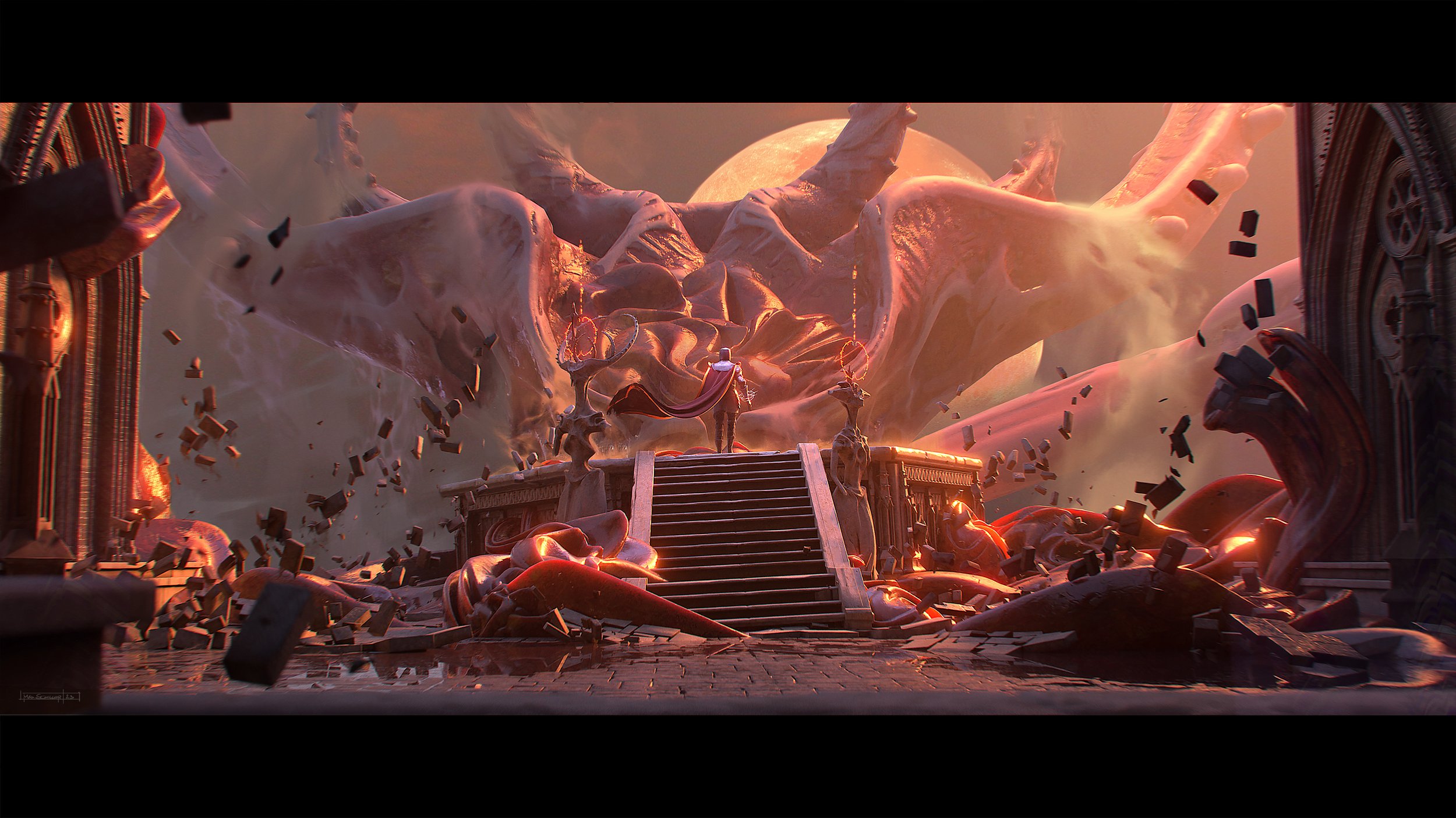 A fantasy scene of destruction with a large dinosaur skull and bones, a woman in a red cape standing on stairs, surrounded by debris, with a large moon in the background.
