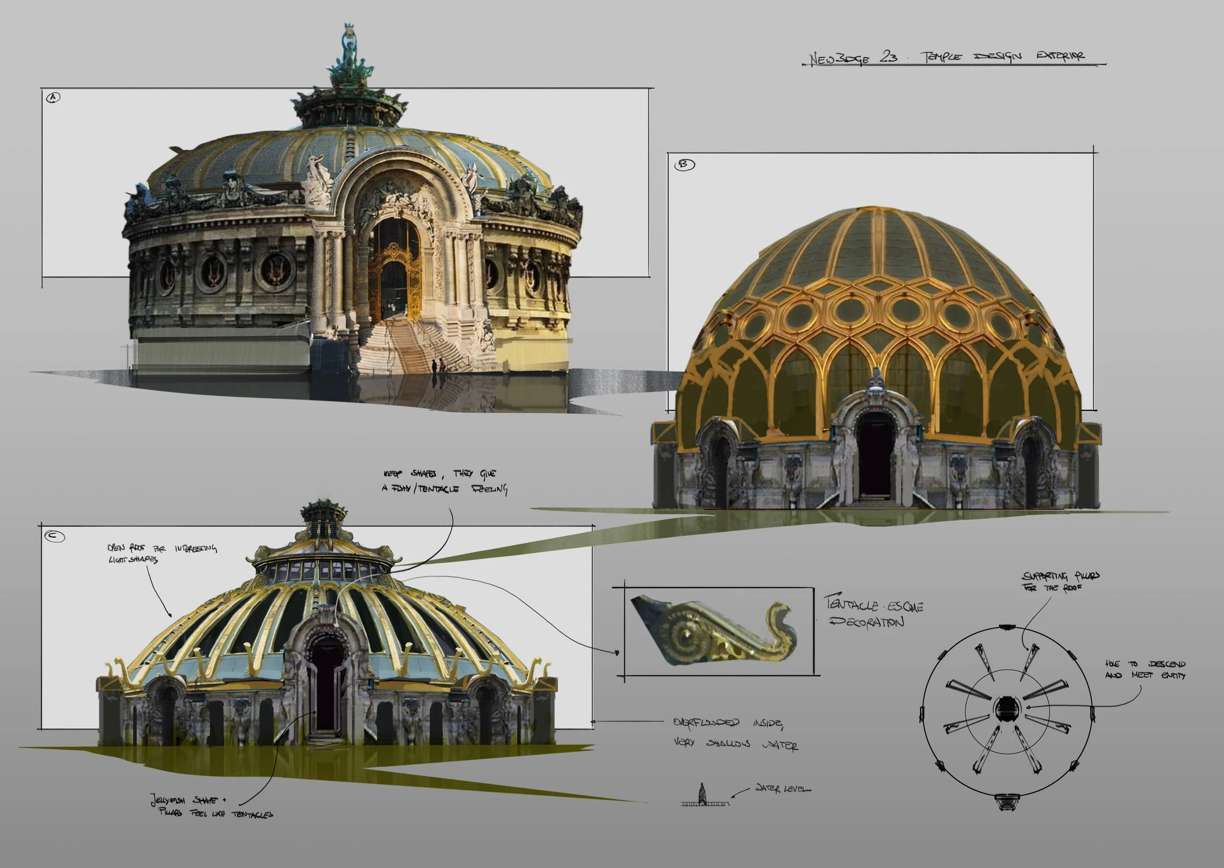 Design sketches and 3D renderings of a domed architectural structure with sculptures and ornamental details, labeled with notes on construction and decorative elements, concept art of King