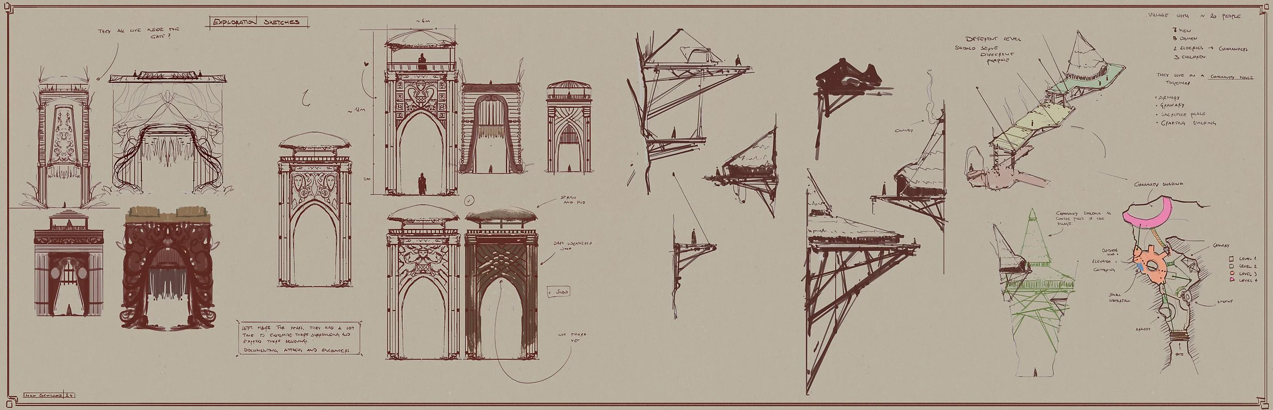 A detailed architectural sketch on paper showing design plans for community village structures, including arches, bridges, and buildings, measurements, and colorful sketches of individual components and elevations, sketches for King Project