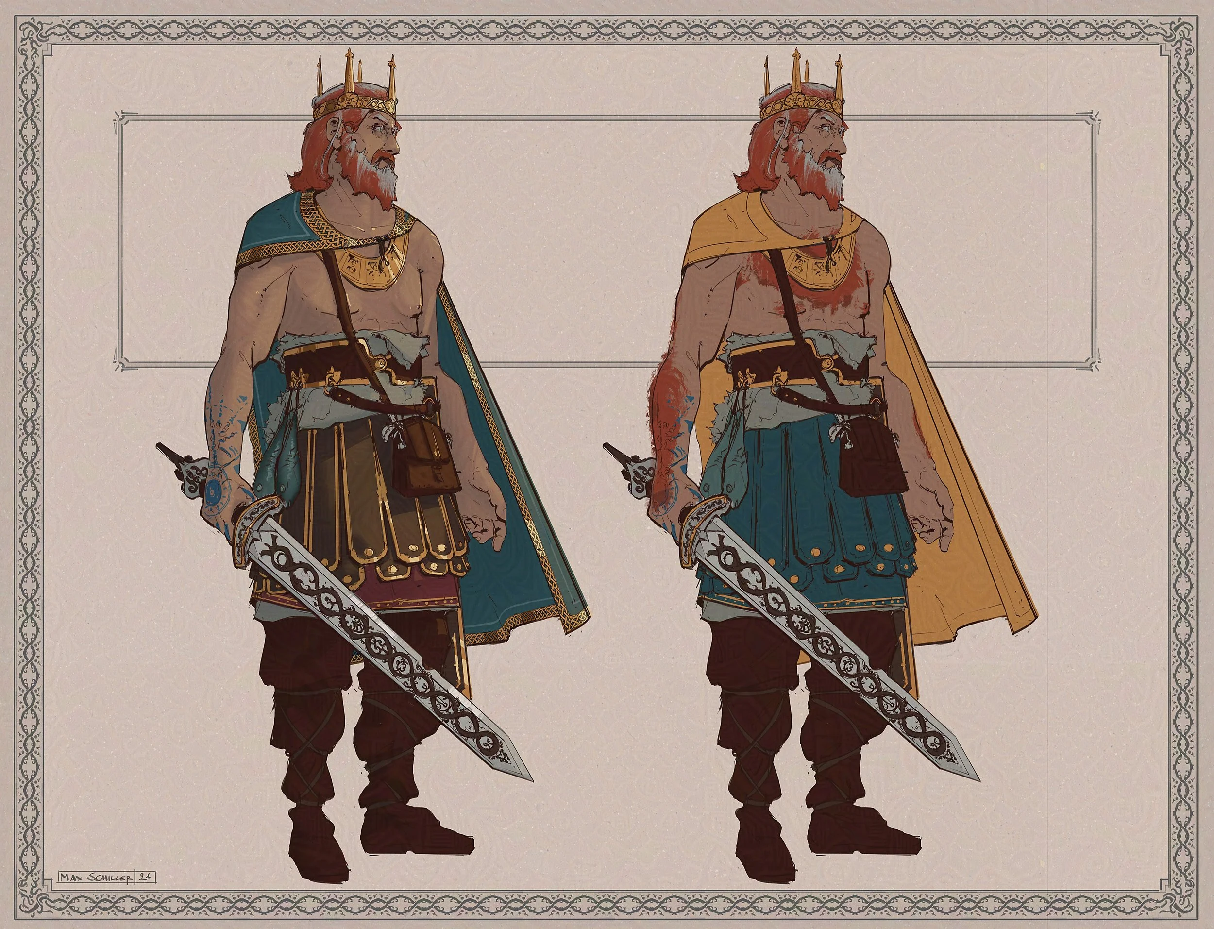 Lineart illustration of two variations of a celtic king , wearing crowns and ornate shoulder capes, holding swords, with detailed border design, concept art for King