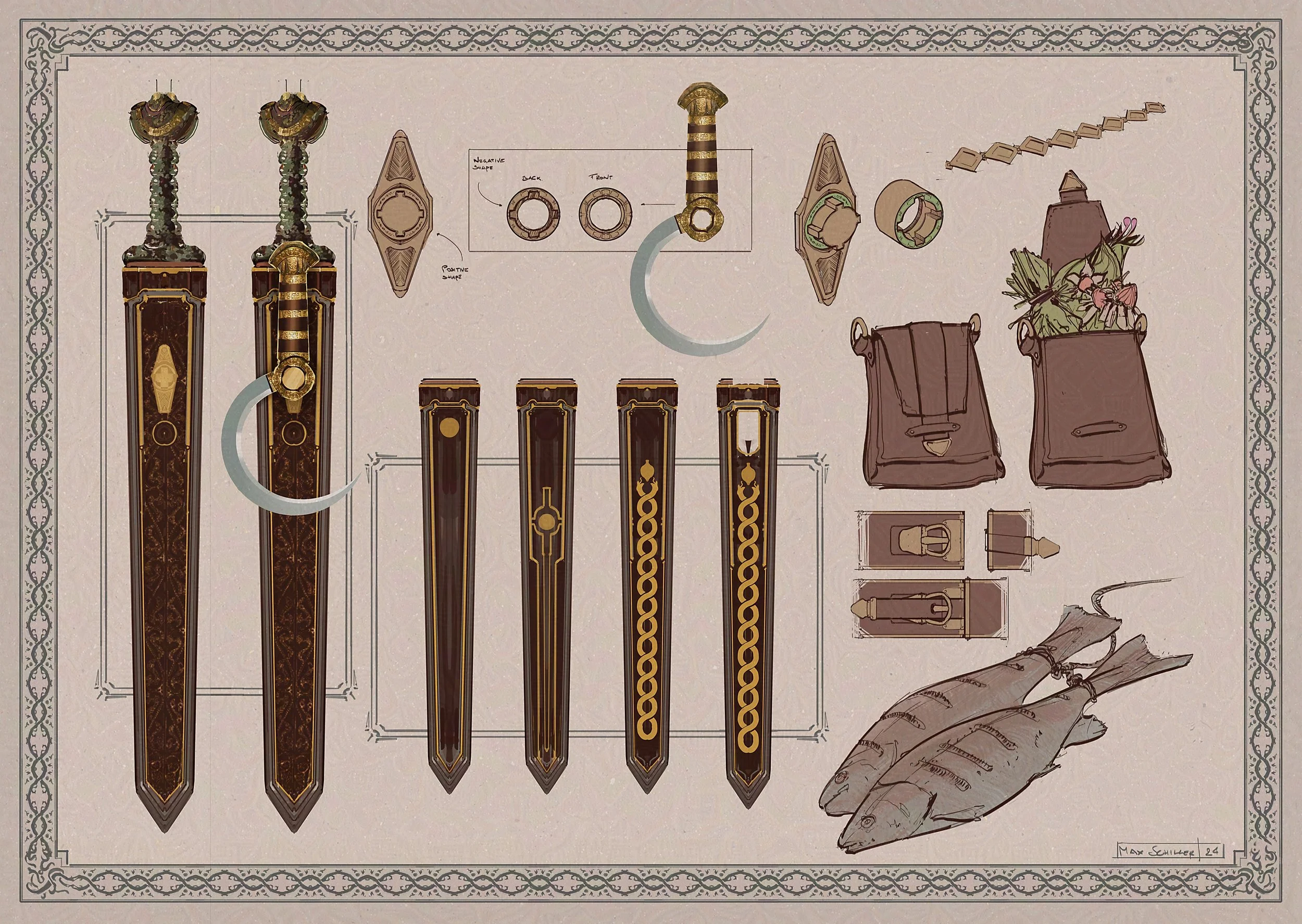 Lineart diagram of a detailed sword with decorative patterns, thorns, and auxiliary parts, including a hilt, pommel, blade, and design sketches, including different design variations, prop concept art for King