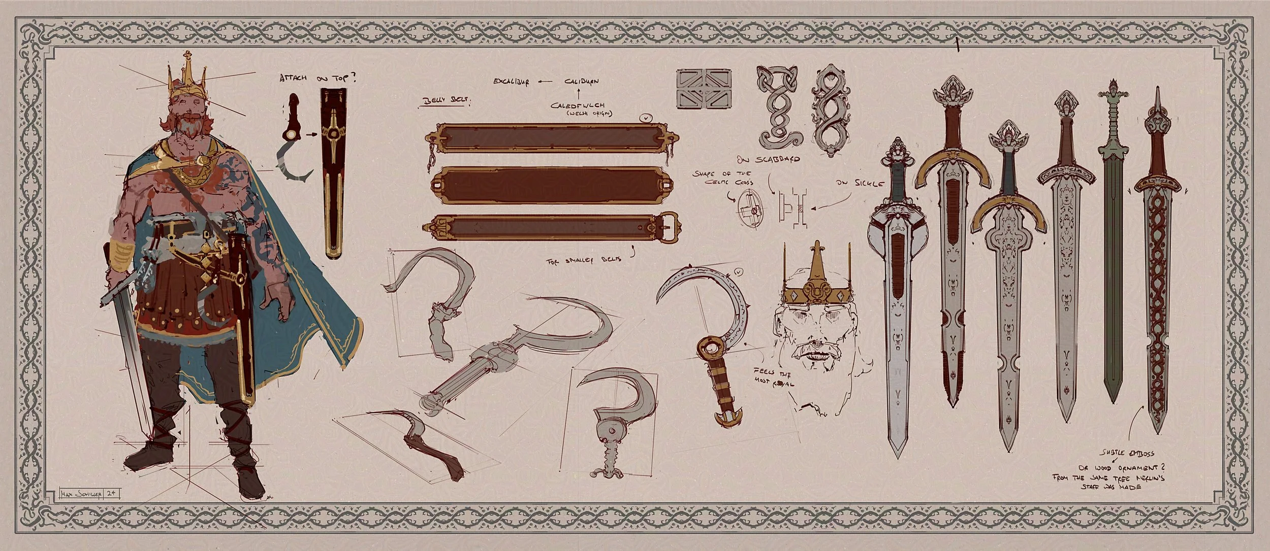 Concept art for a medieval king with crown and cape, surrounded by detailed sketches of swords, a dagger, and design elements for armor and weapon decoration, prop concept art for King