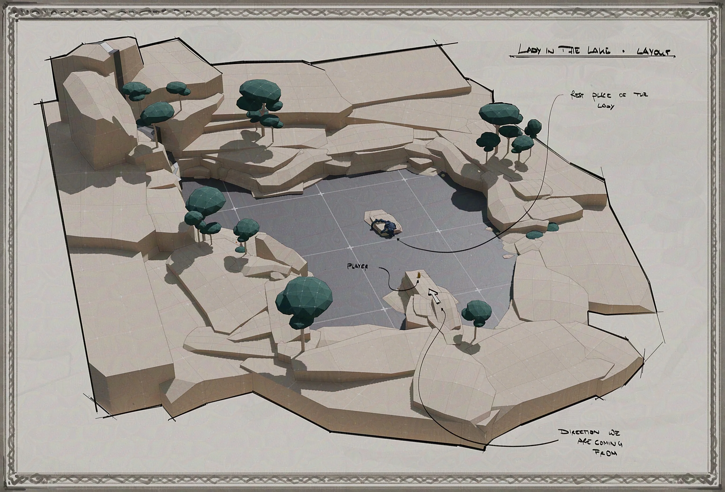 Architectural model of a landscape design with tiered rock formations, trees, and a central resting area, labeled 'Lady in the Lake' with notes indicating the direction of the flow, level overview concept for King Project