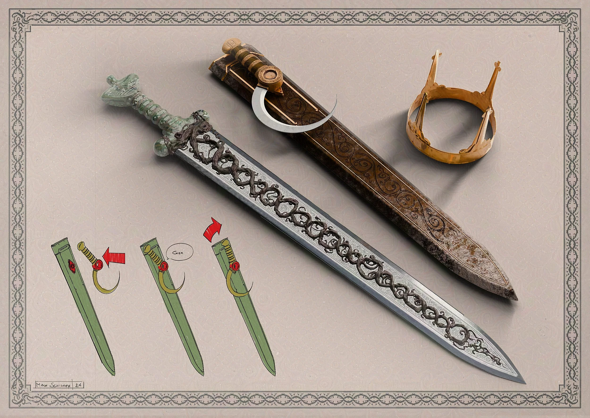 ornate Excalibur with wooden wovings laid out on a light surface with a decorative border and partial instructions and diagrams below, concept art for King