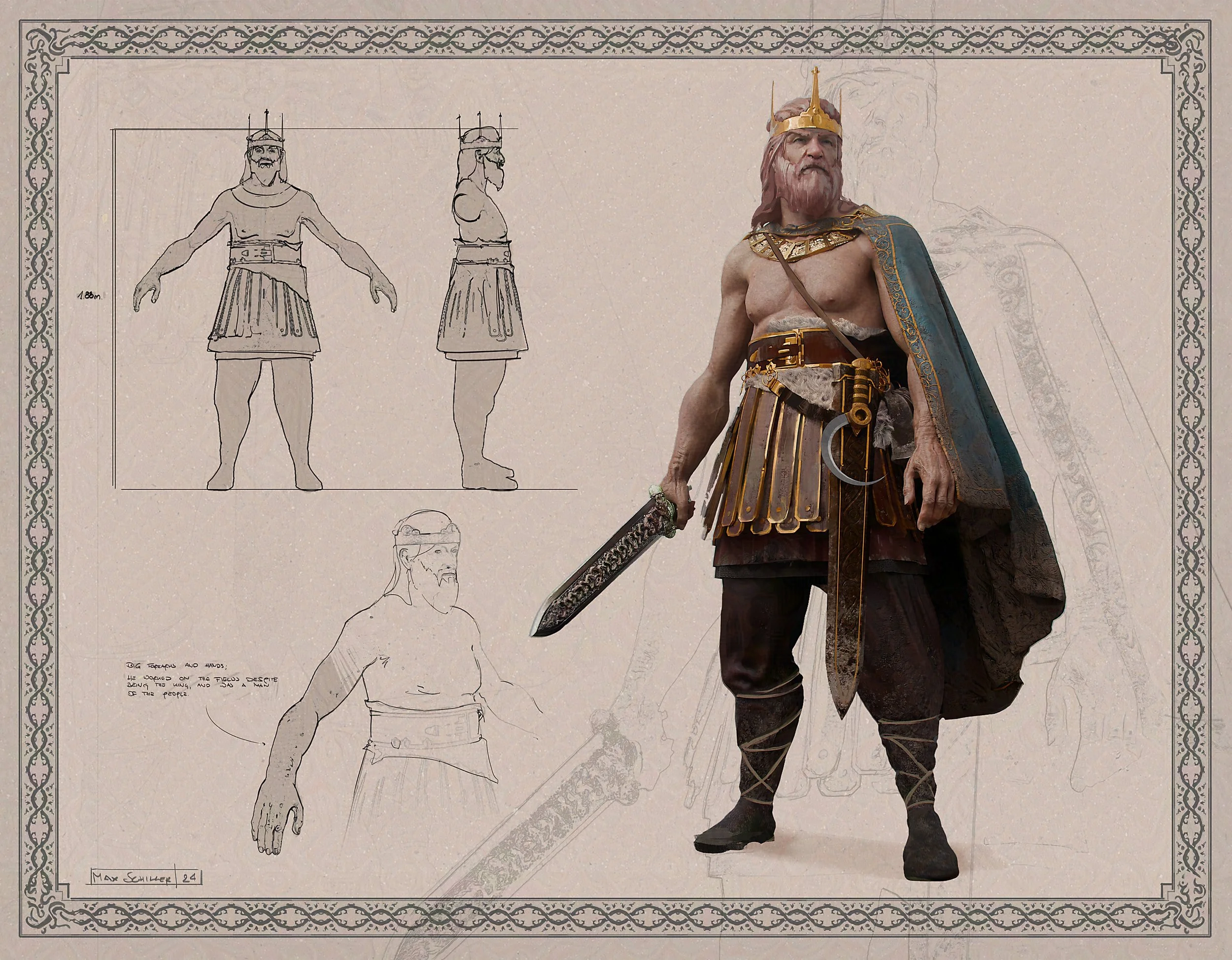 Old King Arthur in armor with a sword, along with sketches and notes of the warrior's design and measurements, concept art for King project